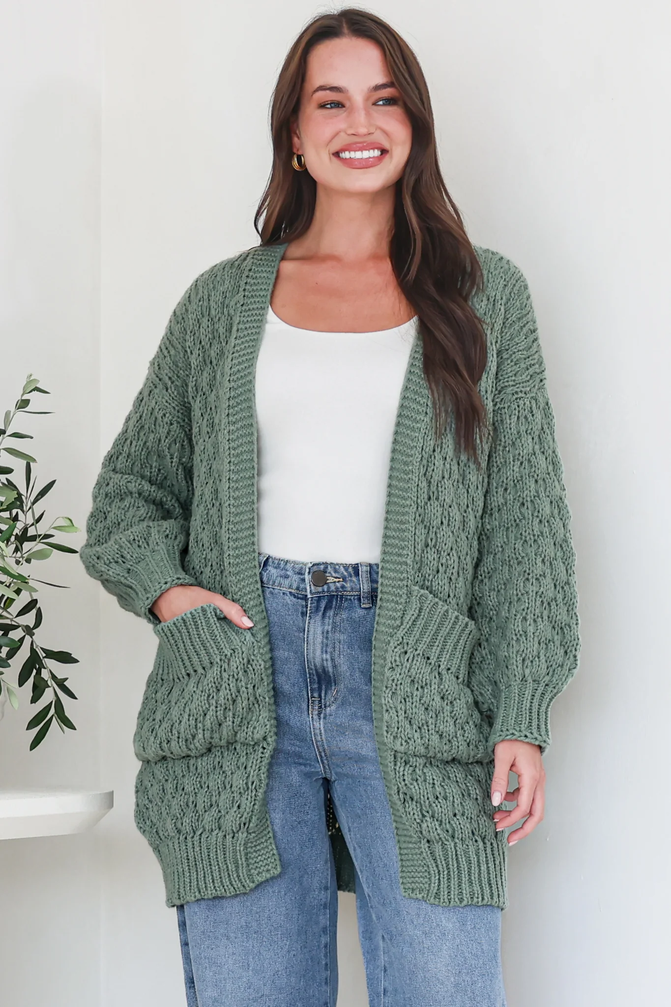 Attlee Cardigan - Chunky Open Cable Knit with Pockets and Rib Knit Trim in Sage