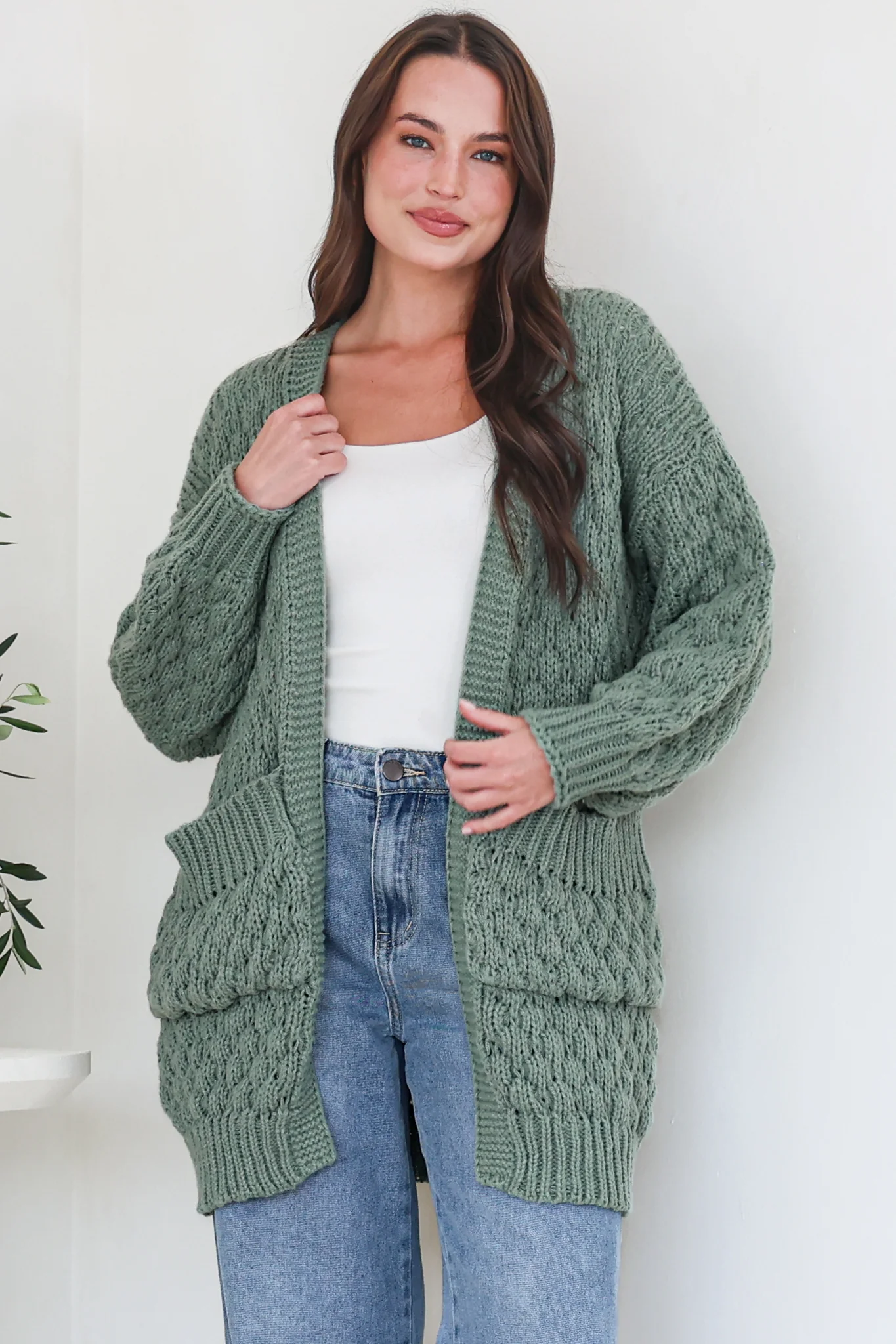 Attlee Cardigan - Chunky Open Cable Knit with Pockets and Rib Knit Trim in Sage - Image 2