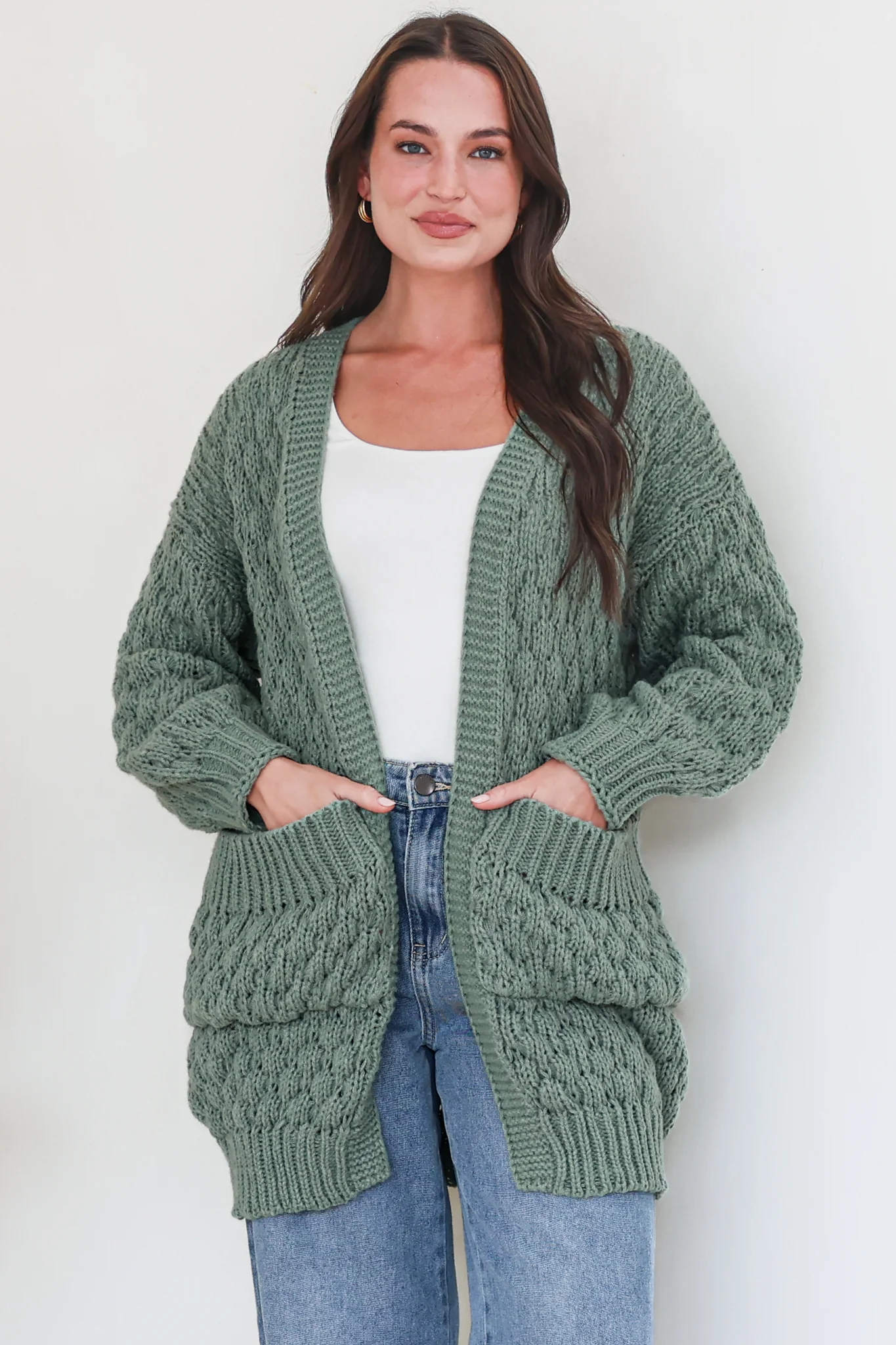 Attlee Cardigan - Chunky Open Cable Knit with Pockets and Rib Knit Trim in Sage - Image 3