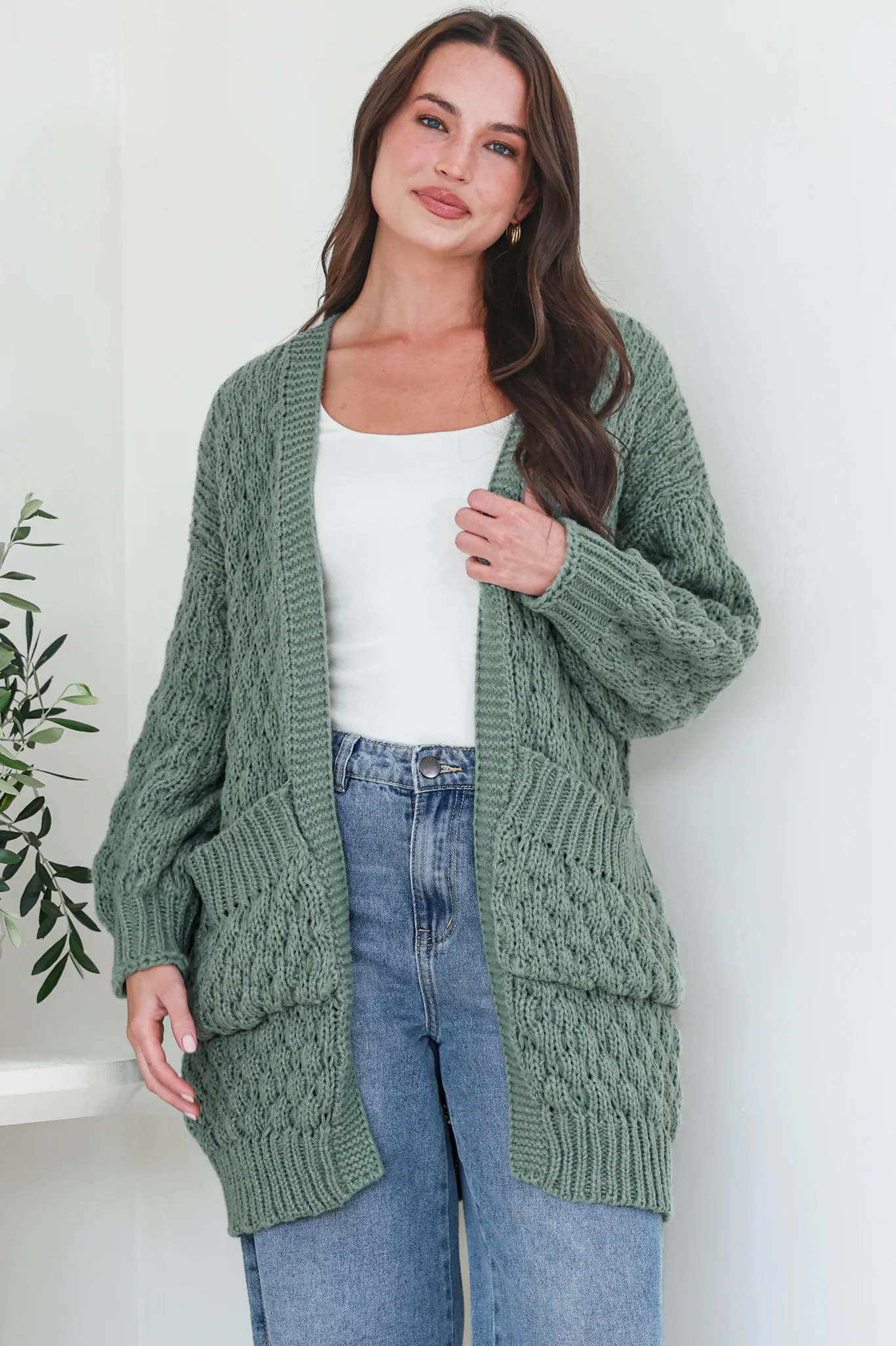 Attlee Cardigan - Chunky Open Cable Knit with Pockets and Rib Knit Trim in Sage - Image 5