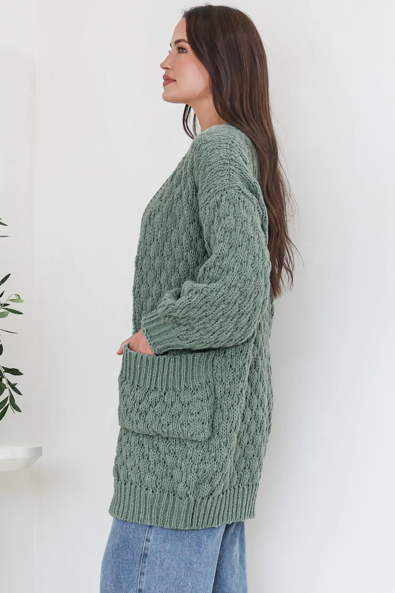 Attlee Cardigan - Chunky Open Cable Knit with Pockets and Rib Knit Trim in Sage - Image 6