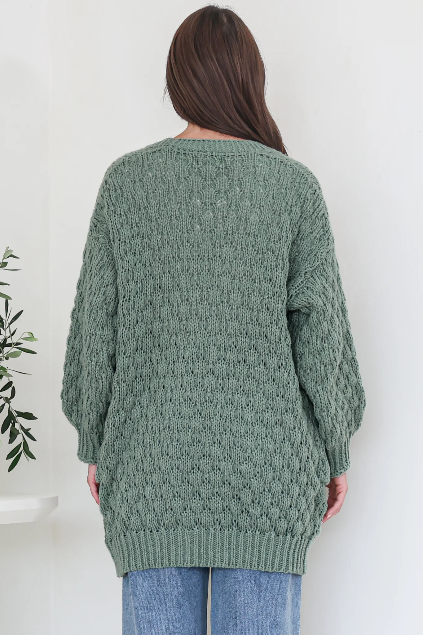 Attlee Cardigan - Chunky Open Cable Knit with Pockets and Rib Knit Trim in Sage - Image 7
