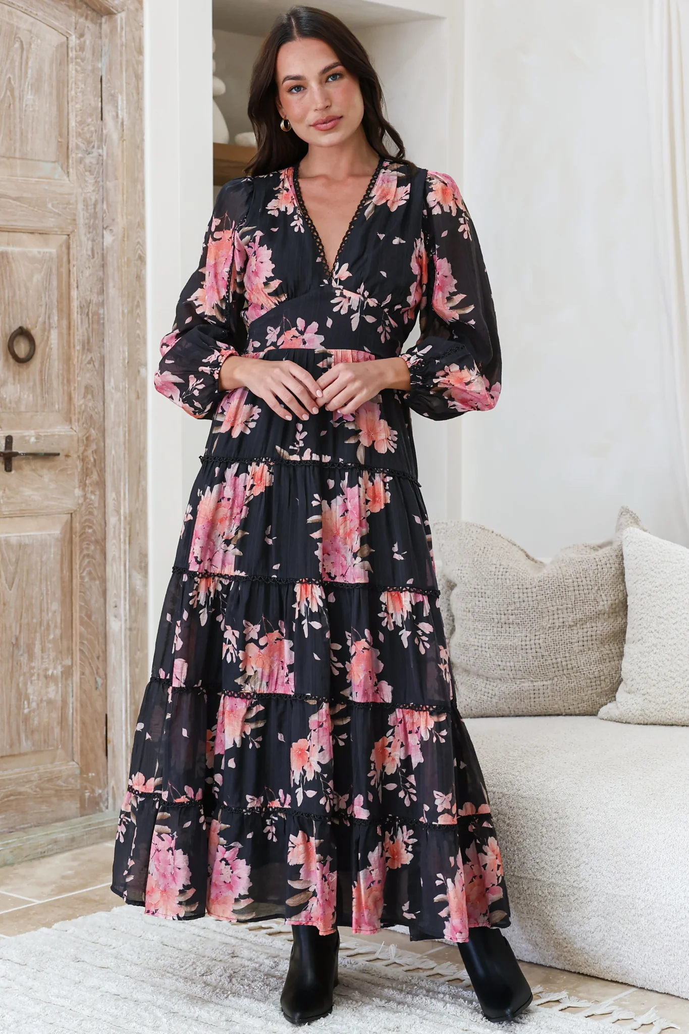 Audrey Maxi Dress - Delicately Detailed Tiered A-Line Dress in Odessa Print - Image 2