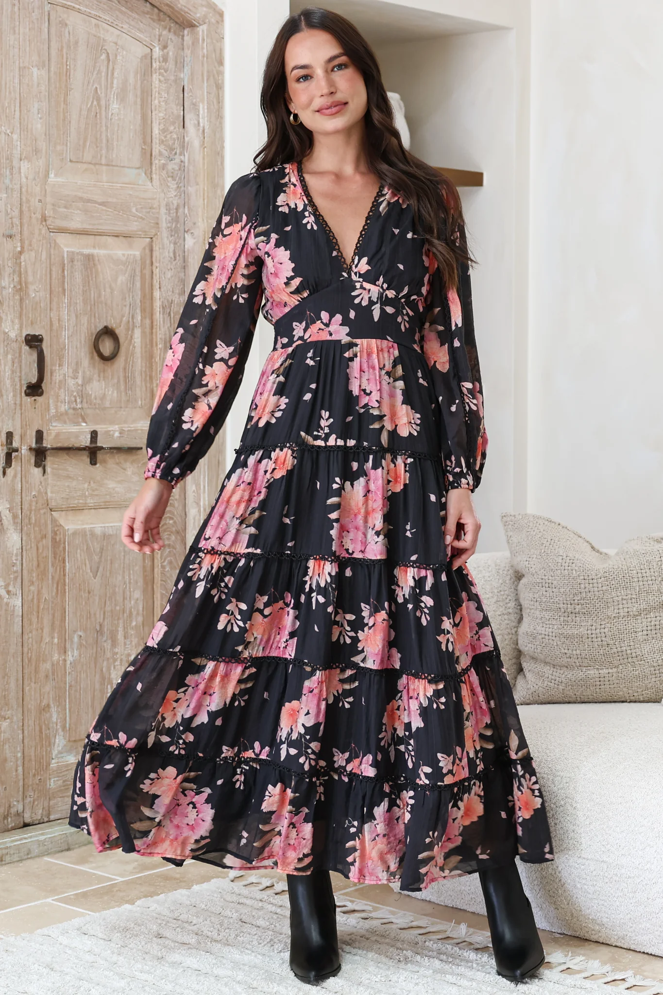 Audrey Maxi Dress - Delicately Detailed Tiered A-Line Dress in Odessa Print - Image 4