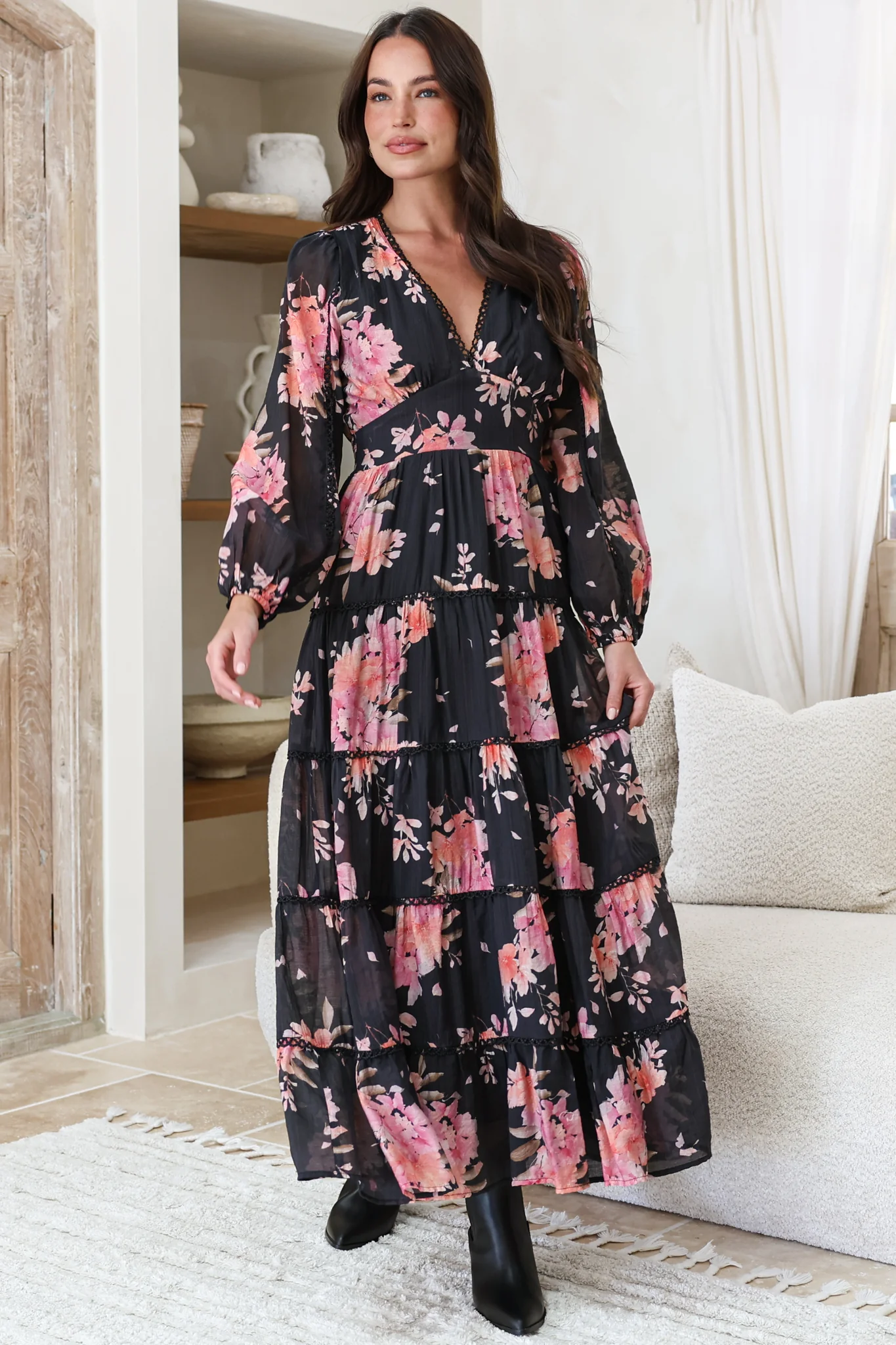 Audrey Maxi Dress - Delicately Detailed Tiered A-Line Dress in Odessa Print - Image 5