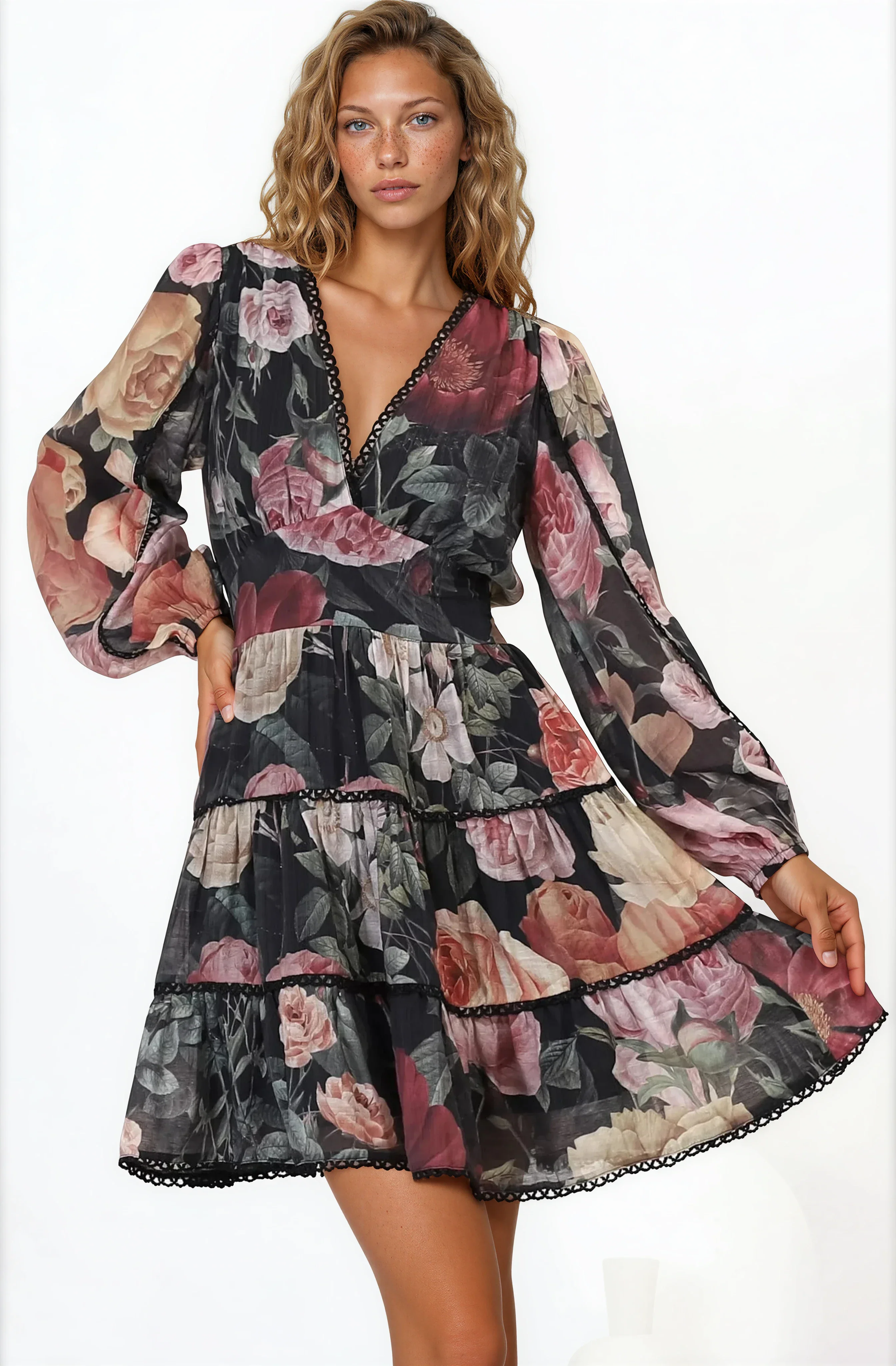 Audrey Mini Dress - Delicately Detailed Tiered A-Line Dress in Bortie Print Black - Image 2