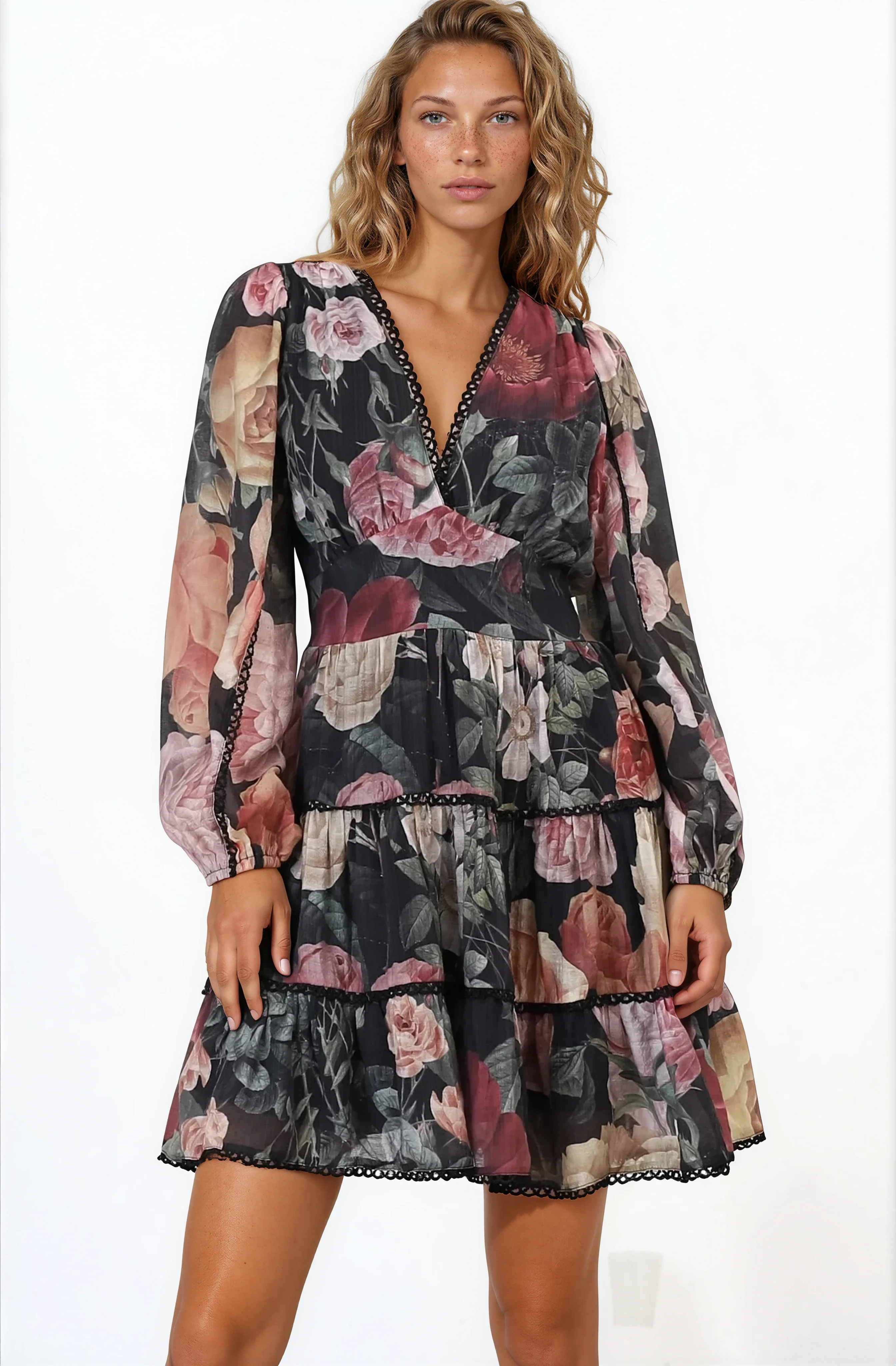 Audrey Mini Dress - Delicately Detailed Tiered A-Line Dress in Bortie Print Black - Image 3