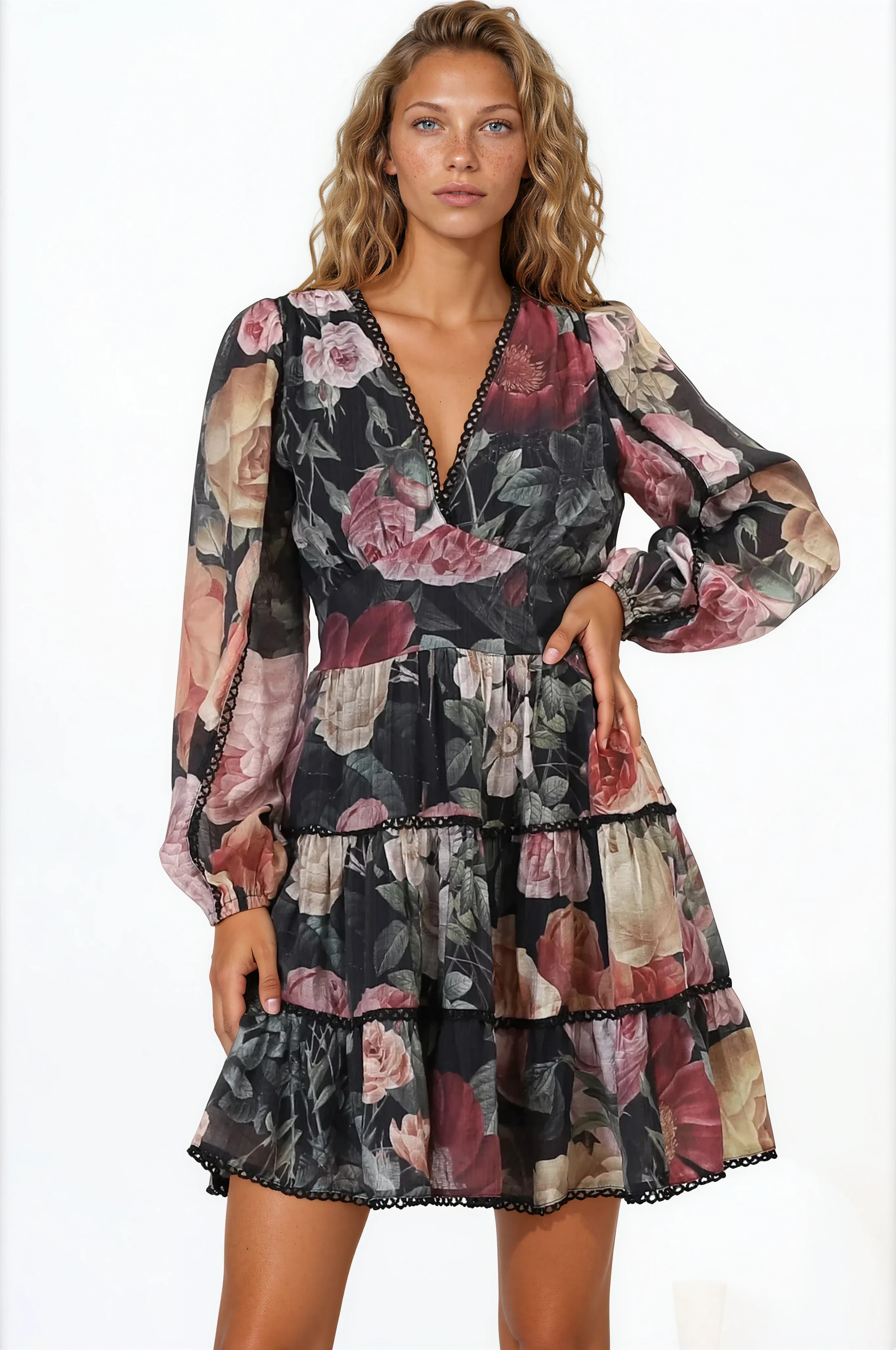 Audrey Mini Dress - Delicately Detailed Tiered A-Line Dress in Bortie Print Black - Image 4