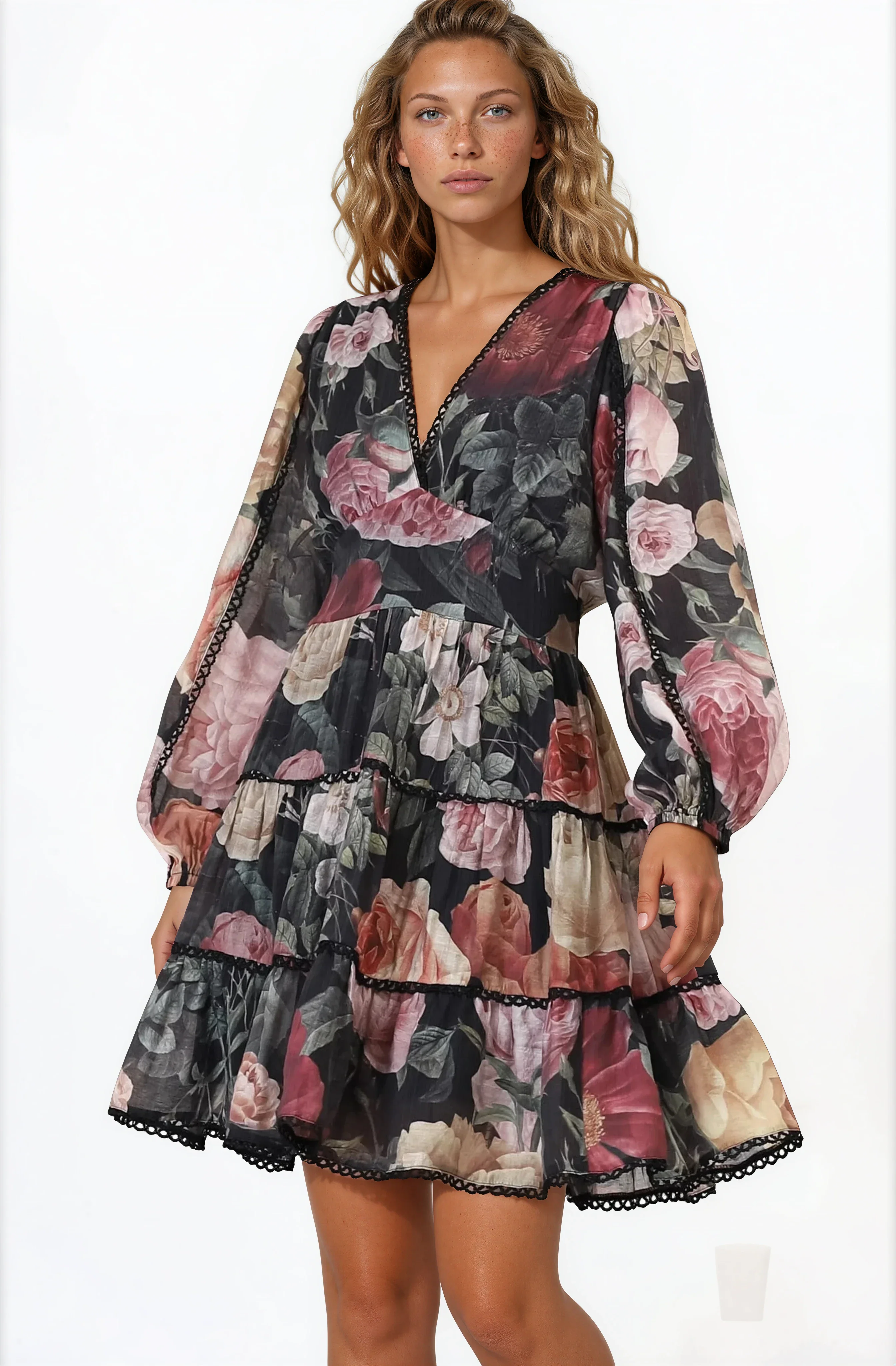 Audrey Mini Dress - Delicately Detailed Tiered A-Line Dress in Bortie Print Black - Image 5