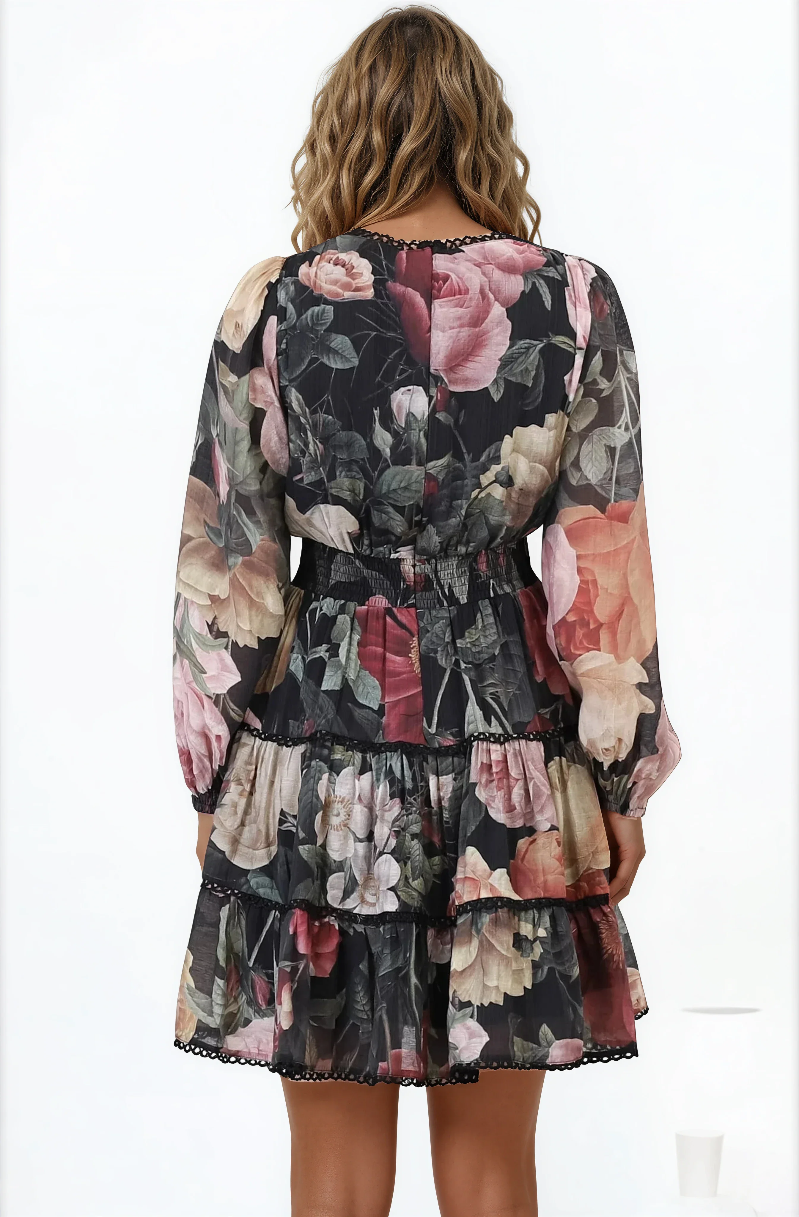 Audrey Mini Dress - Delicately Detailed Tiered A-Line Dress in Bortie Print Black - Image 7