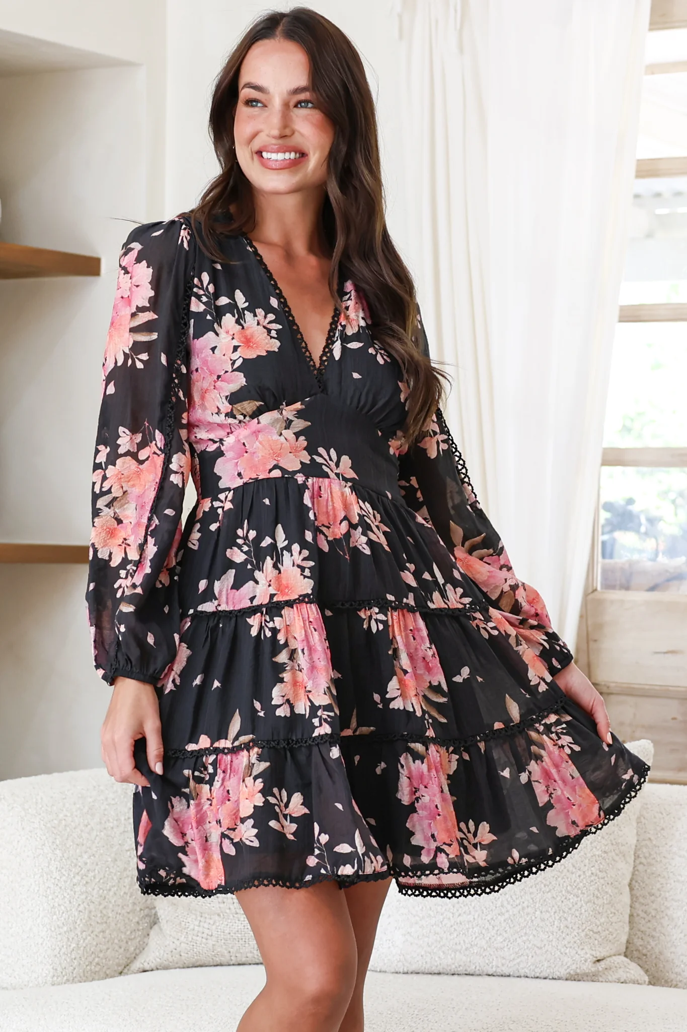 Audrey Mini Dress - Delicately Detailed Tiered A-Line Dress in Odessa Print - Image 5