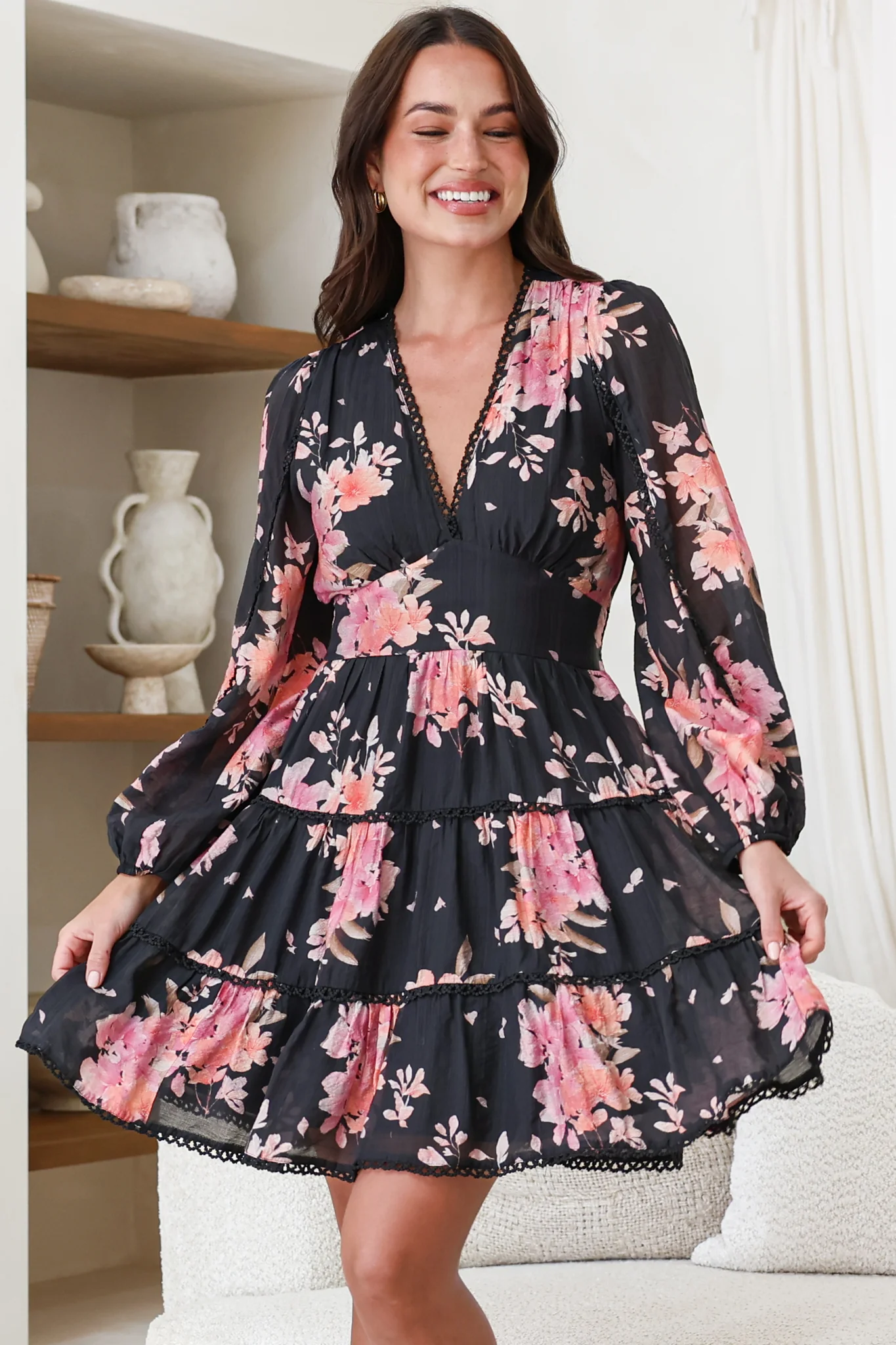 Audrey Mini Dress - Delicately Detailed Tiered A-Line Dress in Odessa Print - Image 6