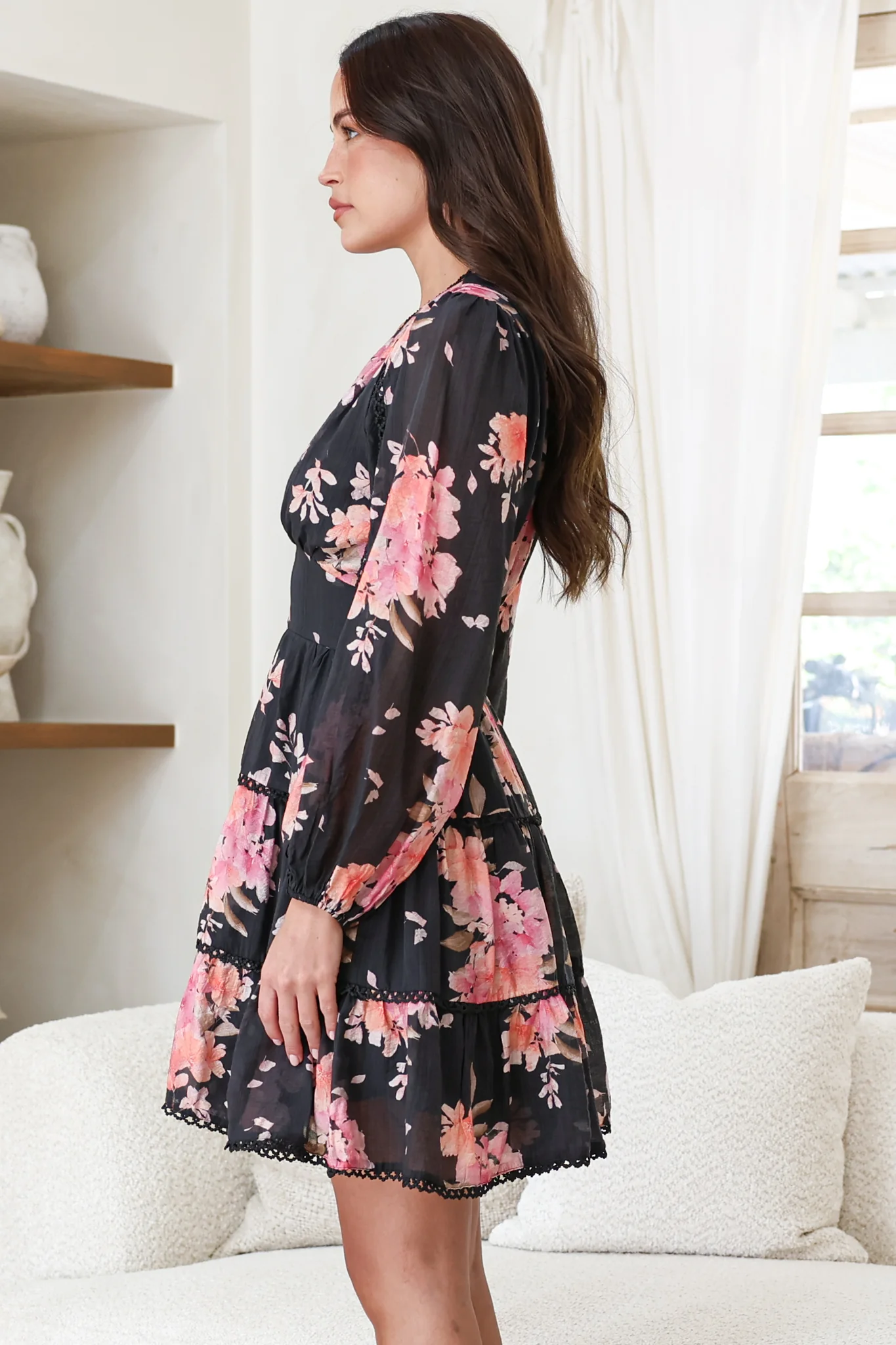 Audrey Mini Dress - Delicately Detailed Tiered A-Line Dress in Odessa Print - Image 7