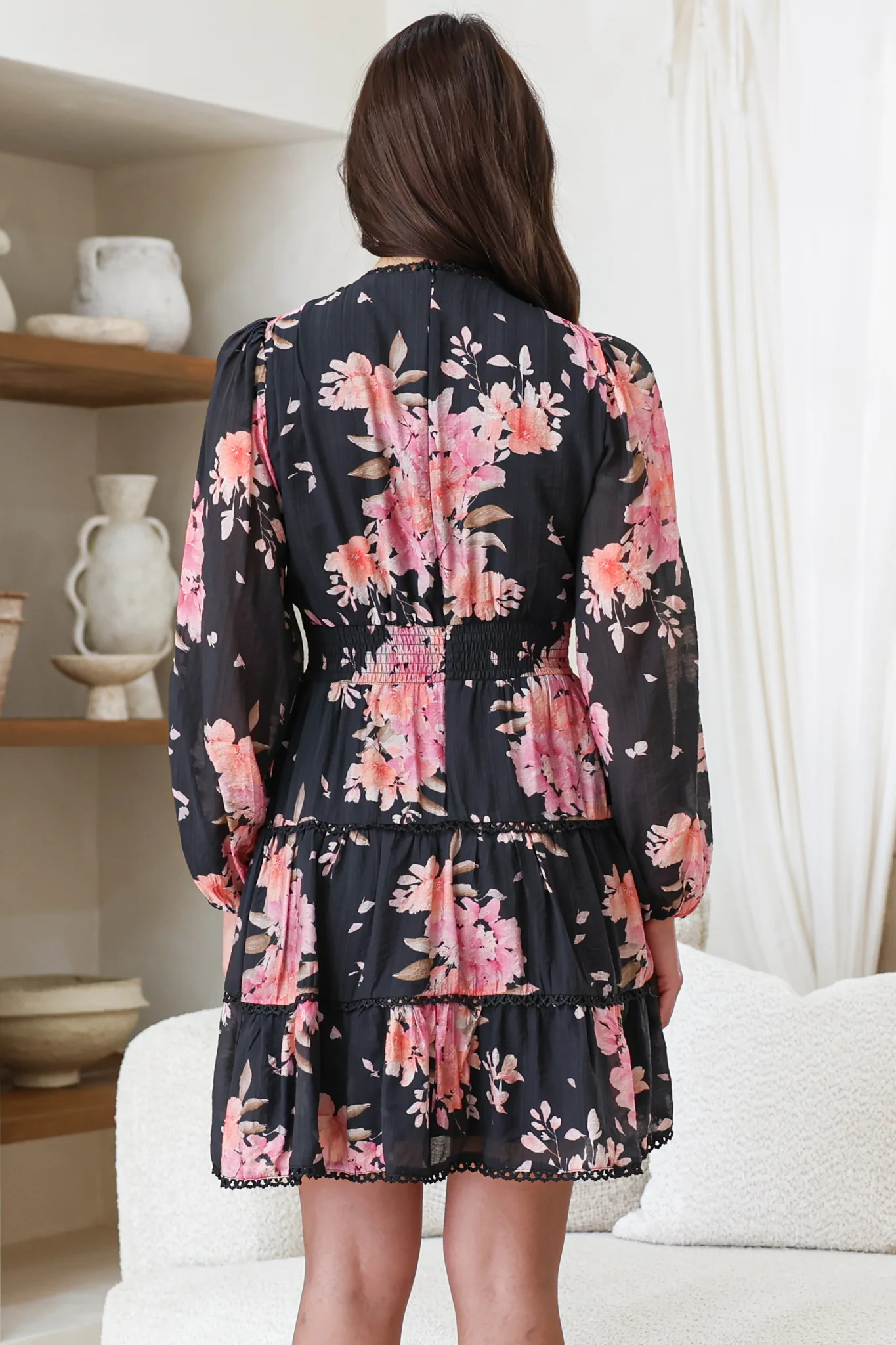 Audrey Mini Dress - Delicately Detailed Tiered A-Line Dress in Odessa Print - Image 8