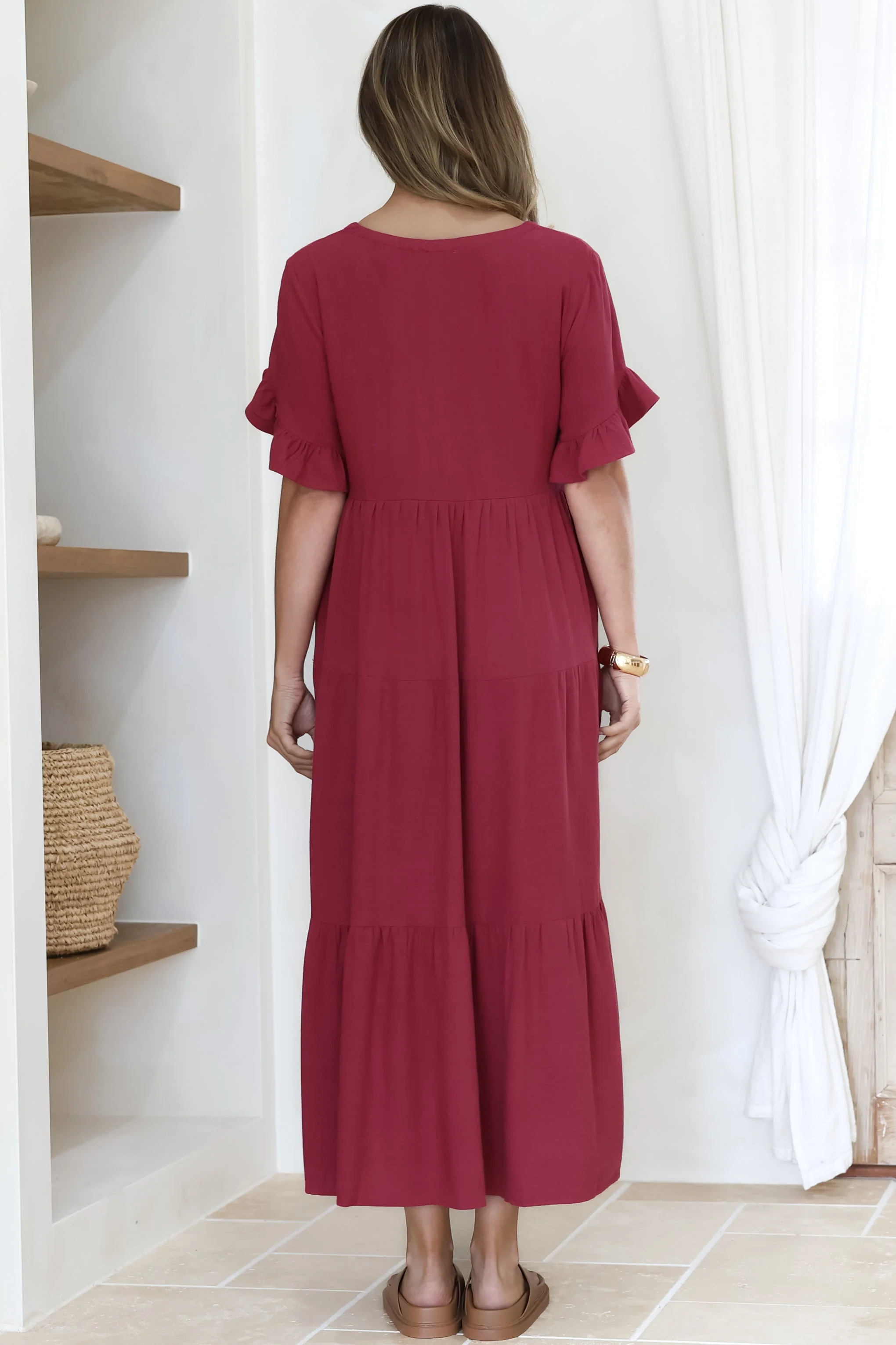 Audrina Midi Dress -  V-Neck Tiered Linen Dress with Pockets in Burgundy - Image 10