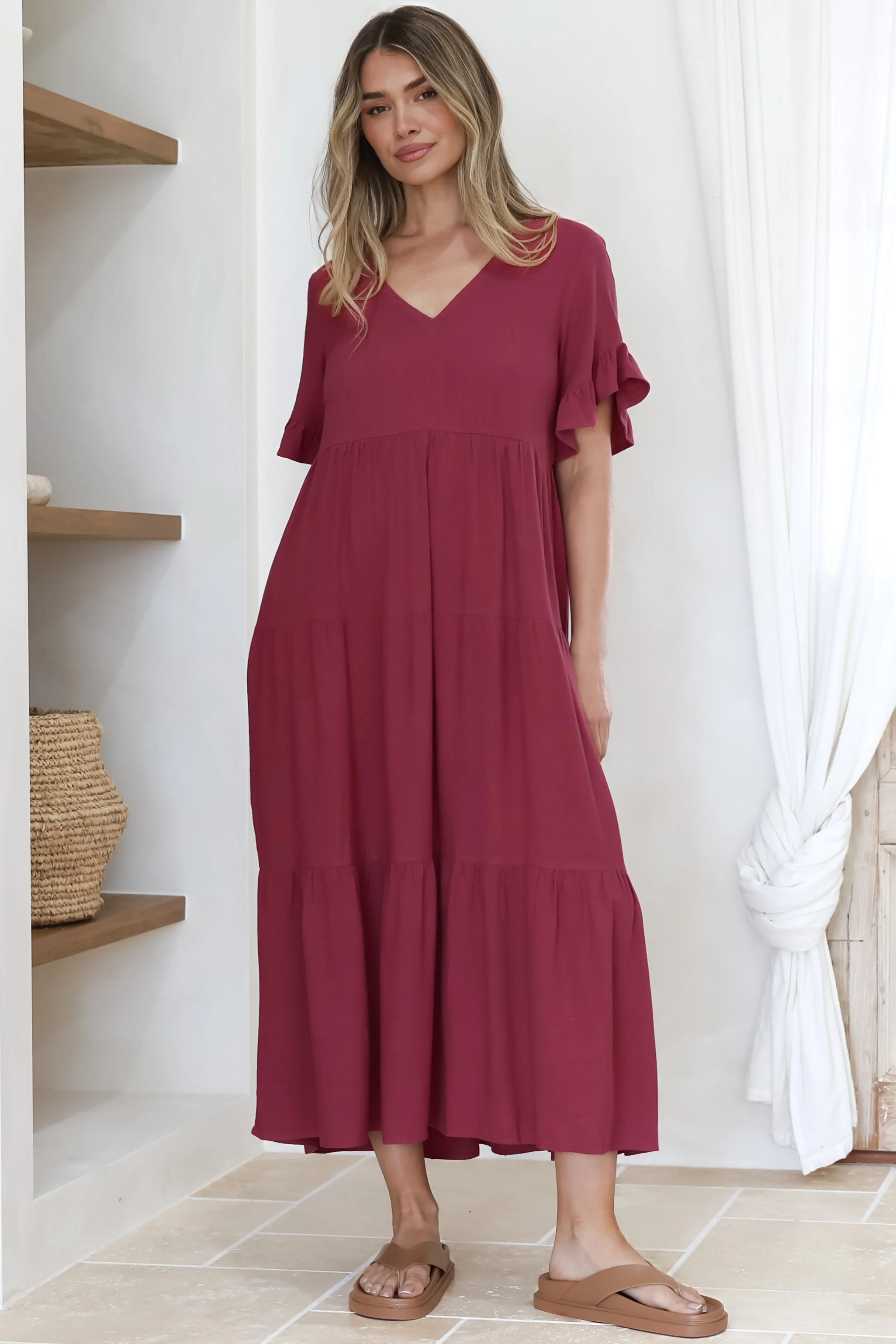 Audrina Midi Dress -  V-Neck Tiered Linen Dress with Pockets in Burgundy - Image 2