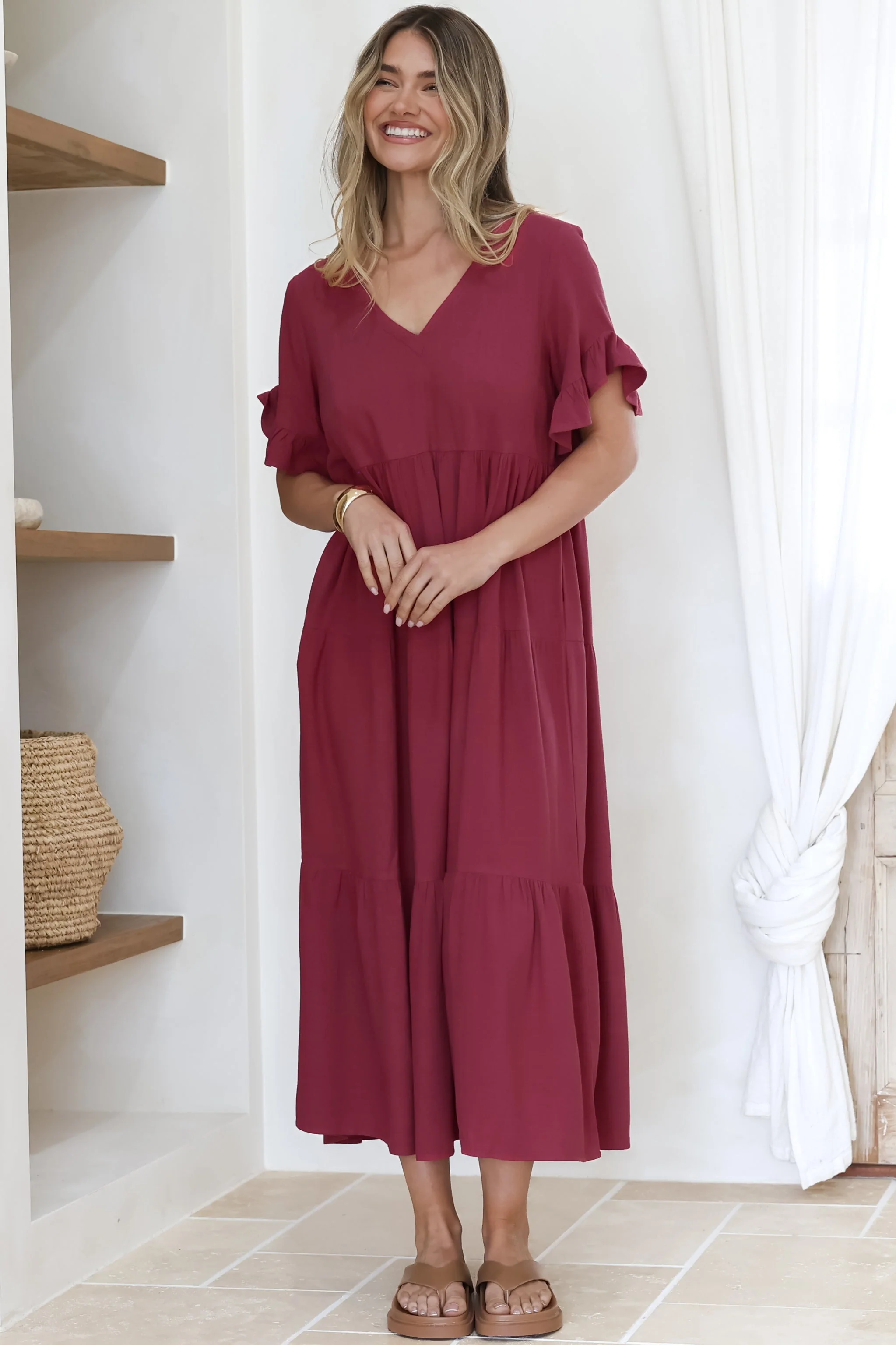 Audrina Midi Dress -  V-Neck Tiered Linen Dress with Pockets in Burgundy - Image 3
