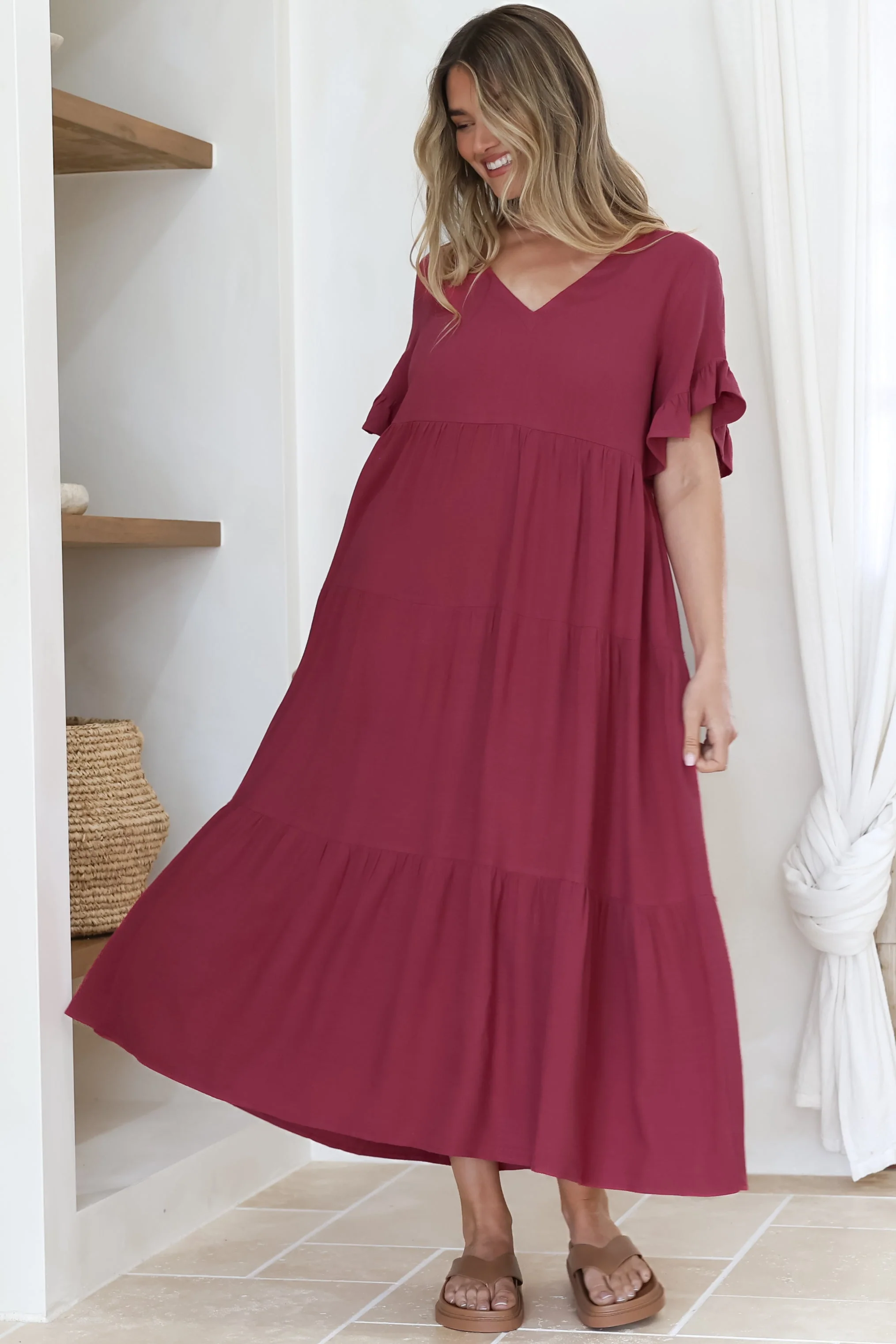 Audrina Midi Dress -  V-Neck Tiered Linen Dress with Pockets in Burgundy - Image 4