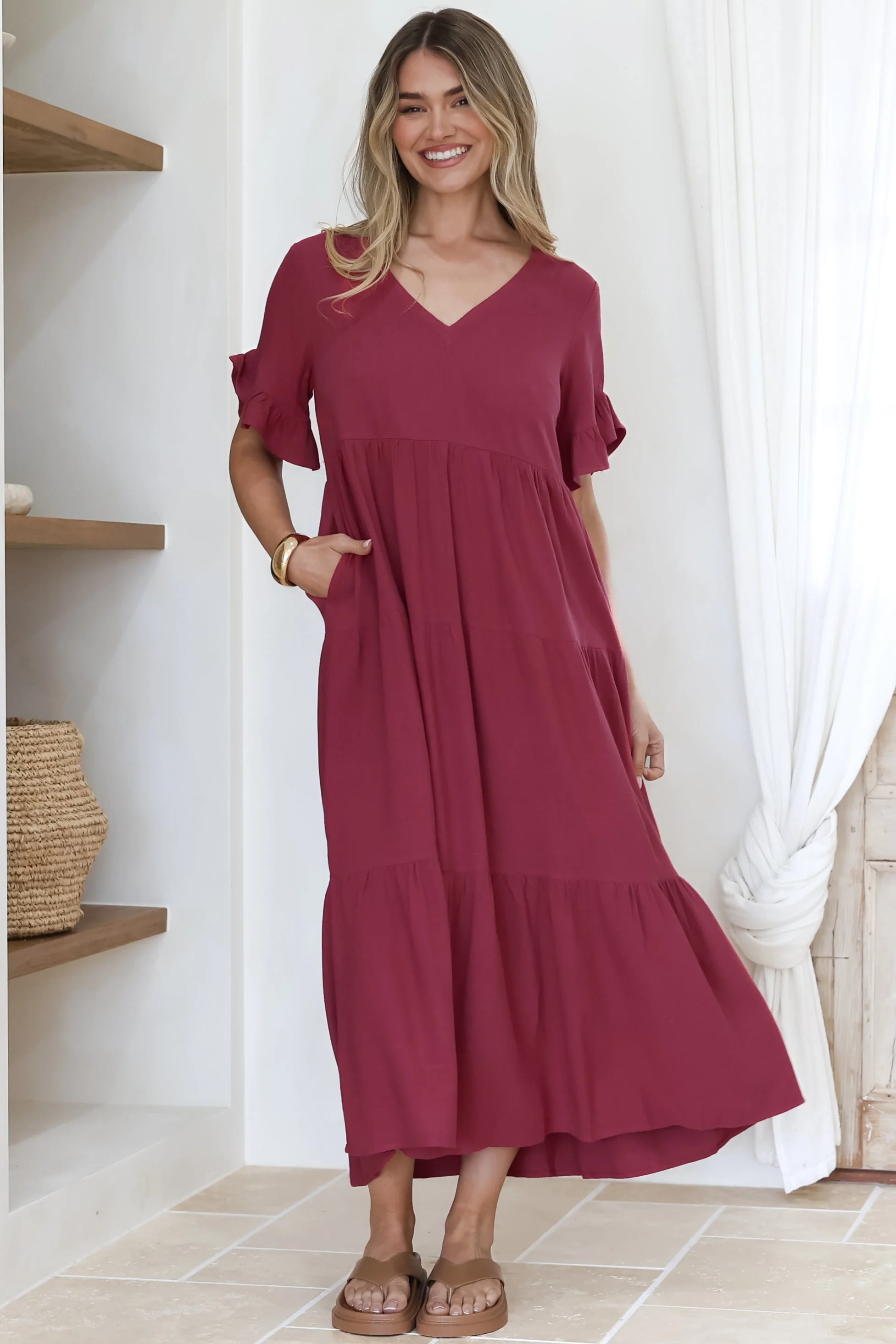 Audrina Midi Dress -  V-Neck Tiered Linen Dress with Pockets in Burgundy - Image 5
