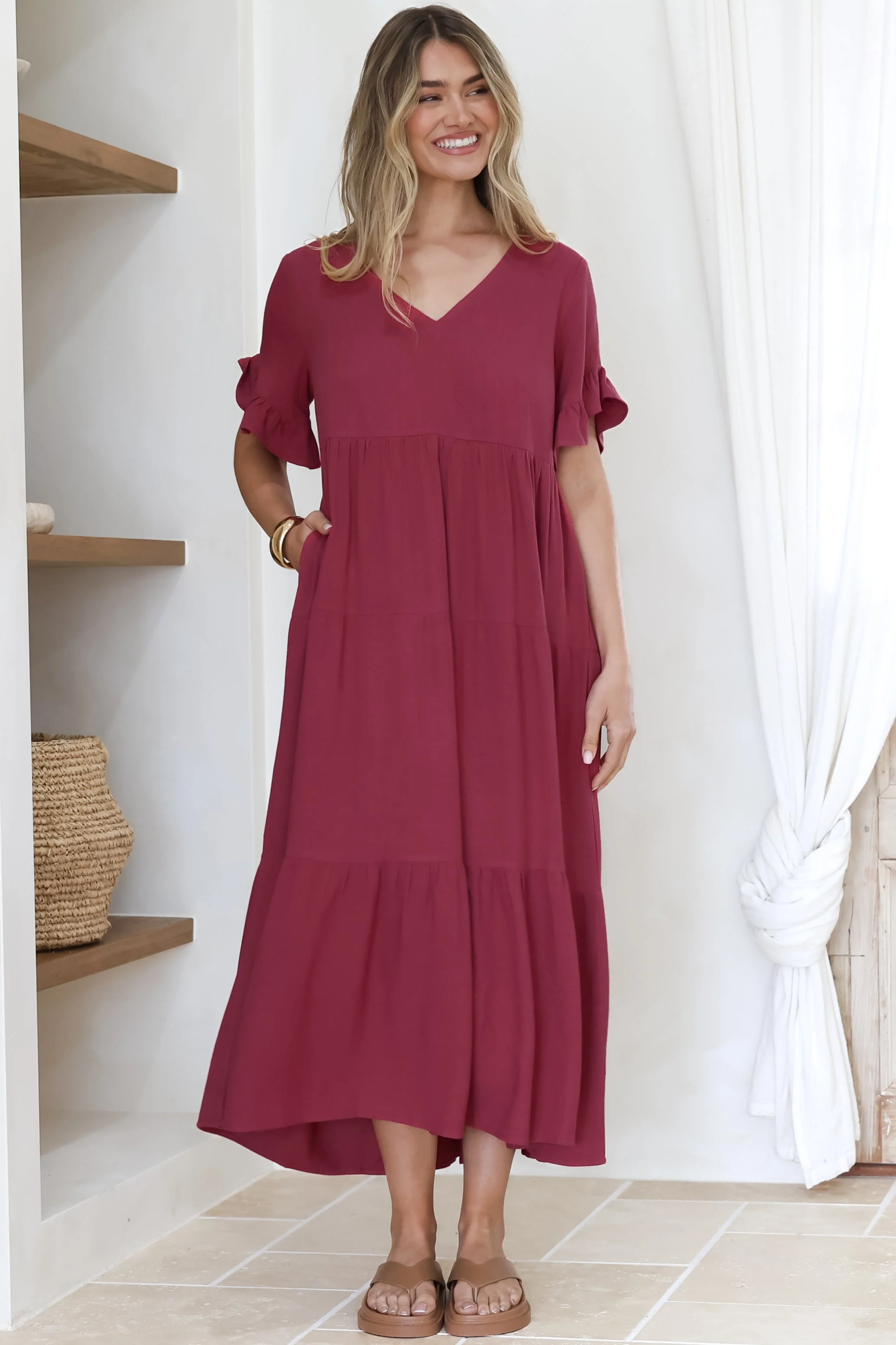 Audrina Midi Dress -  V-Neck Tiered Linen Dress with Pockets in Burgundy - Image 6