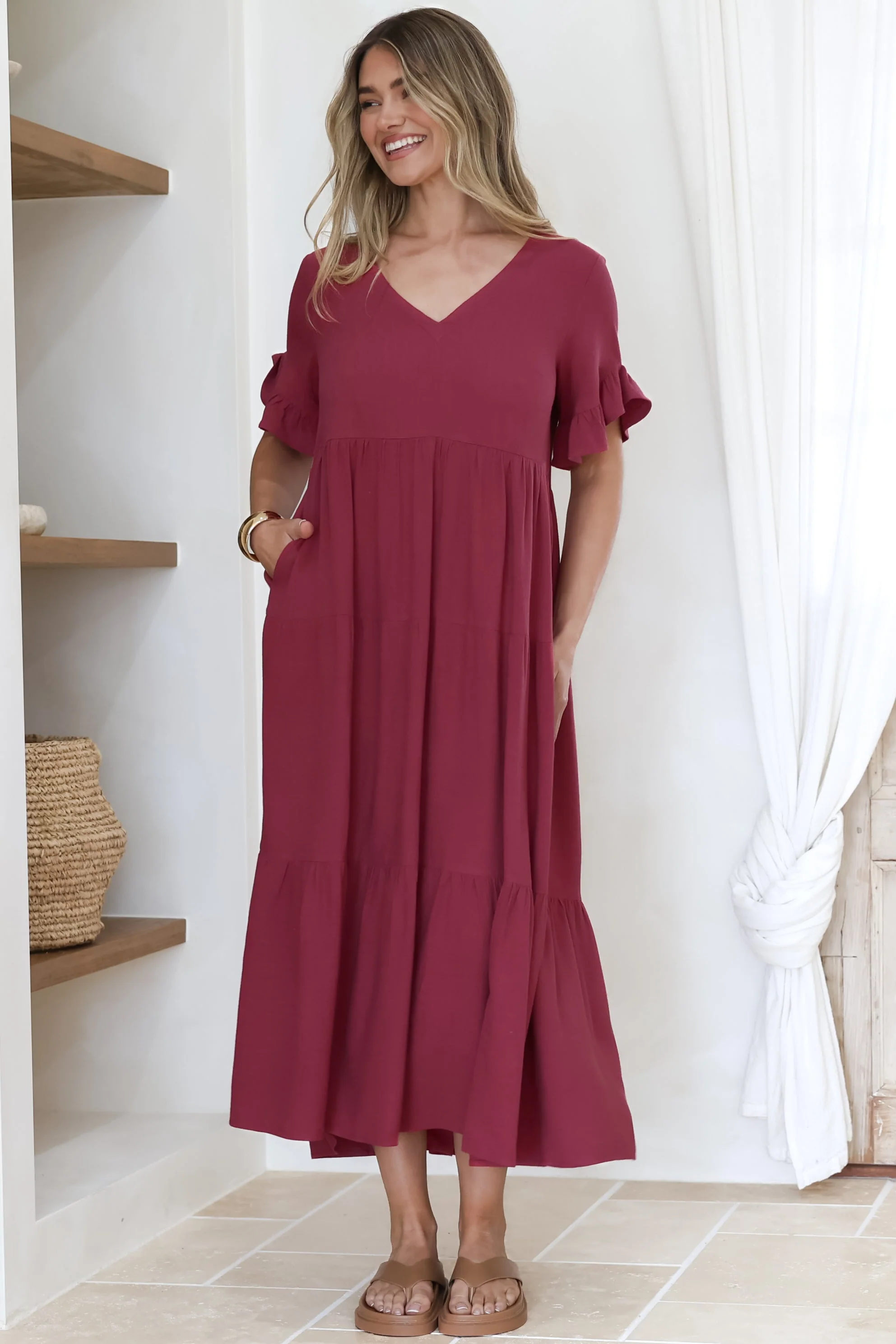 Audrina Midi Dress -  V-Neck Tiered Linen Dress with Pockets in Burgundy - Image 7