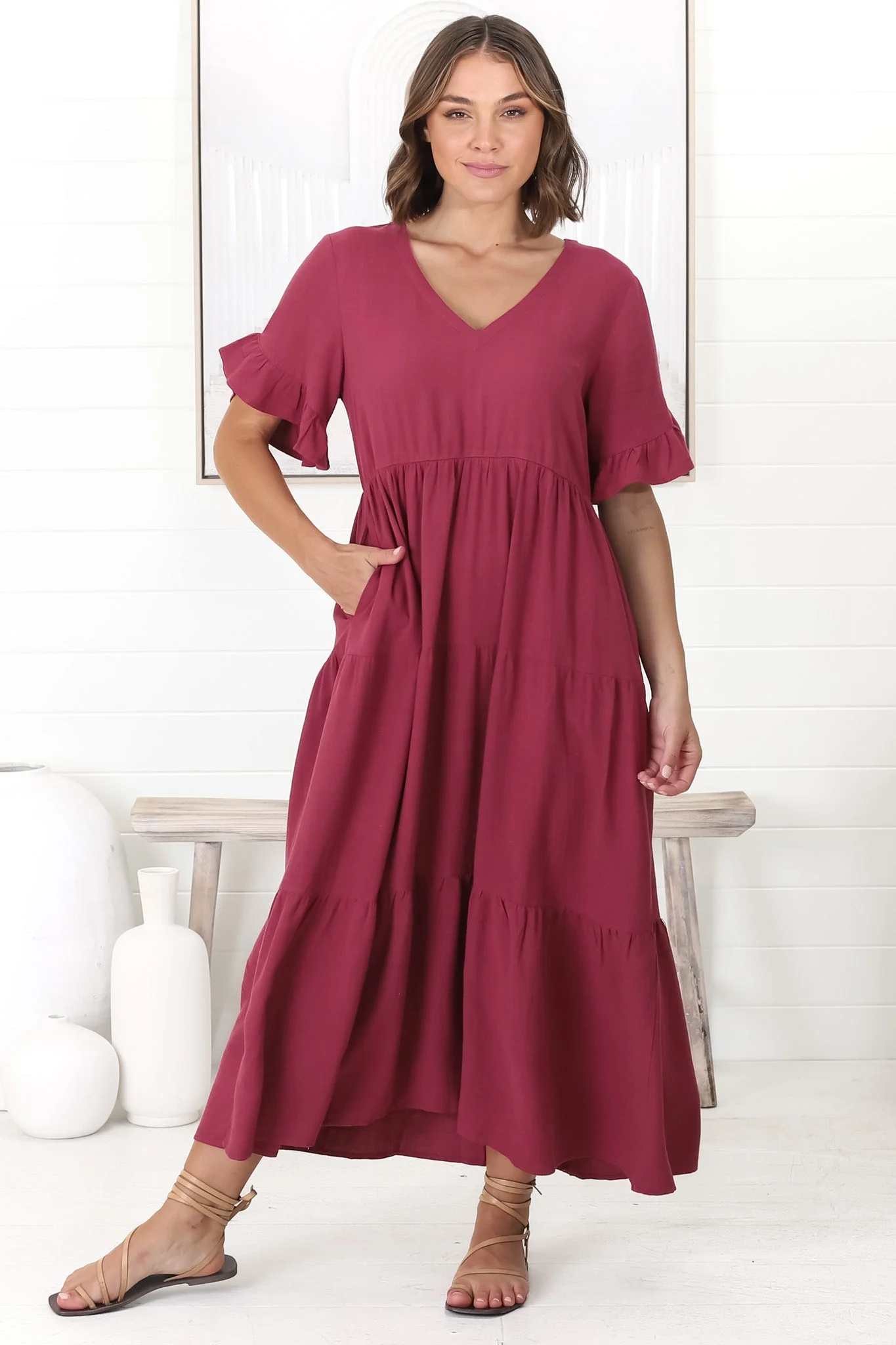 Audrina Midi Dress -  V-Neck Tiered Linen Dress with Pockets in Burgundy - Image 8