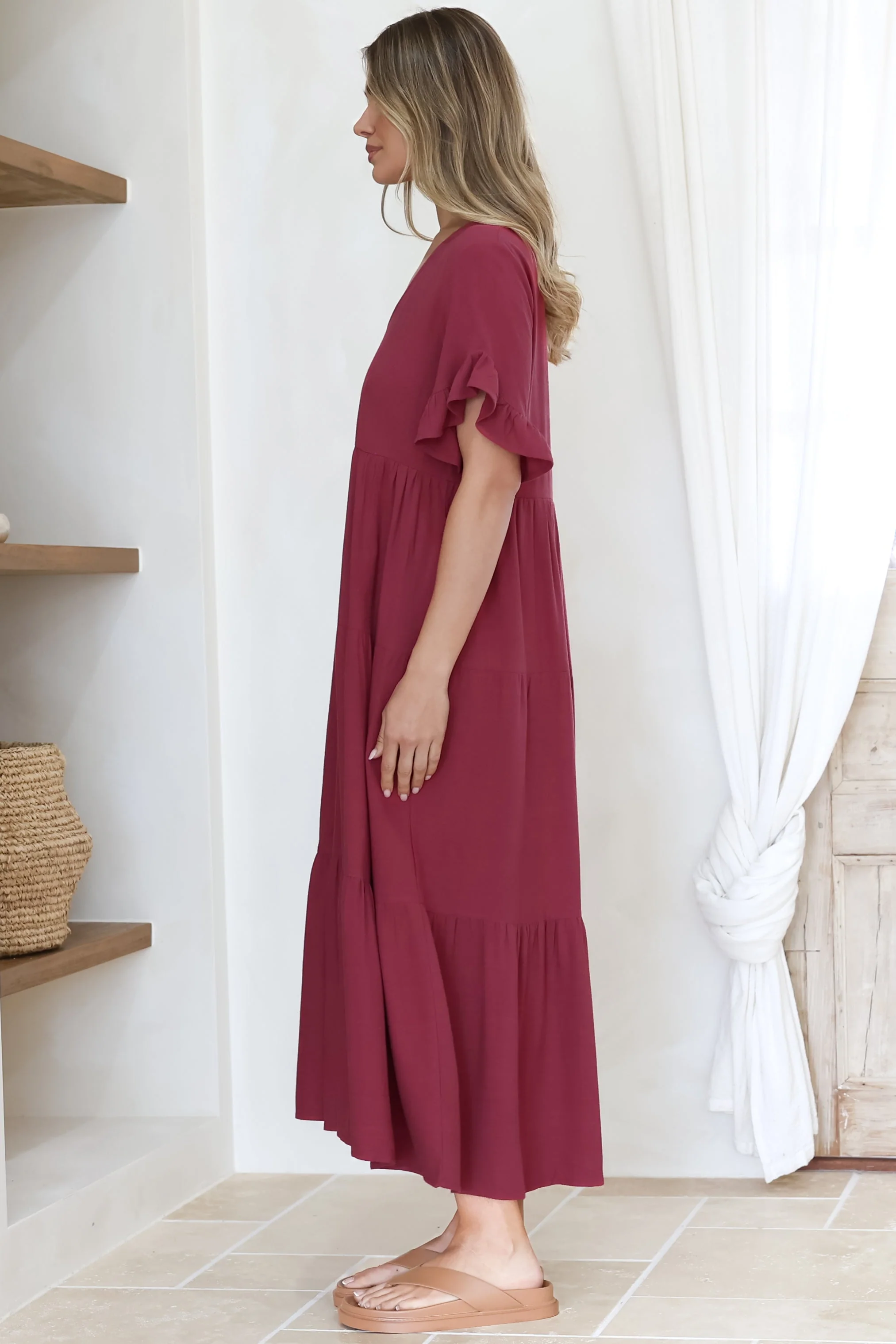 Audrina Midi Dress -  V-Neck Tiered Linen Dress with Pockets in Burgundy - Image 9