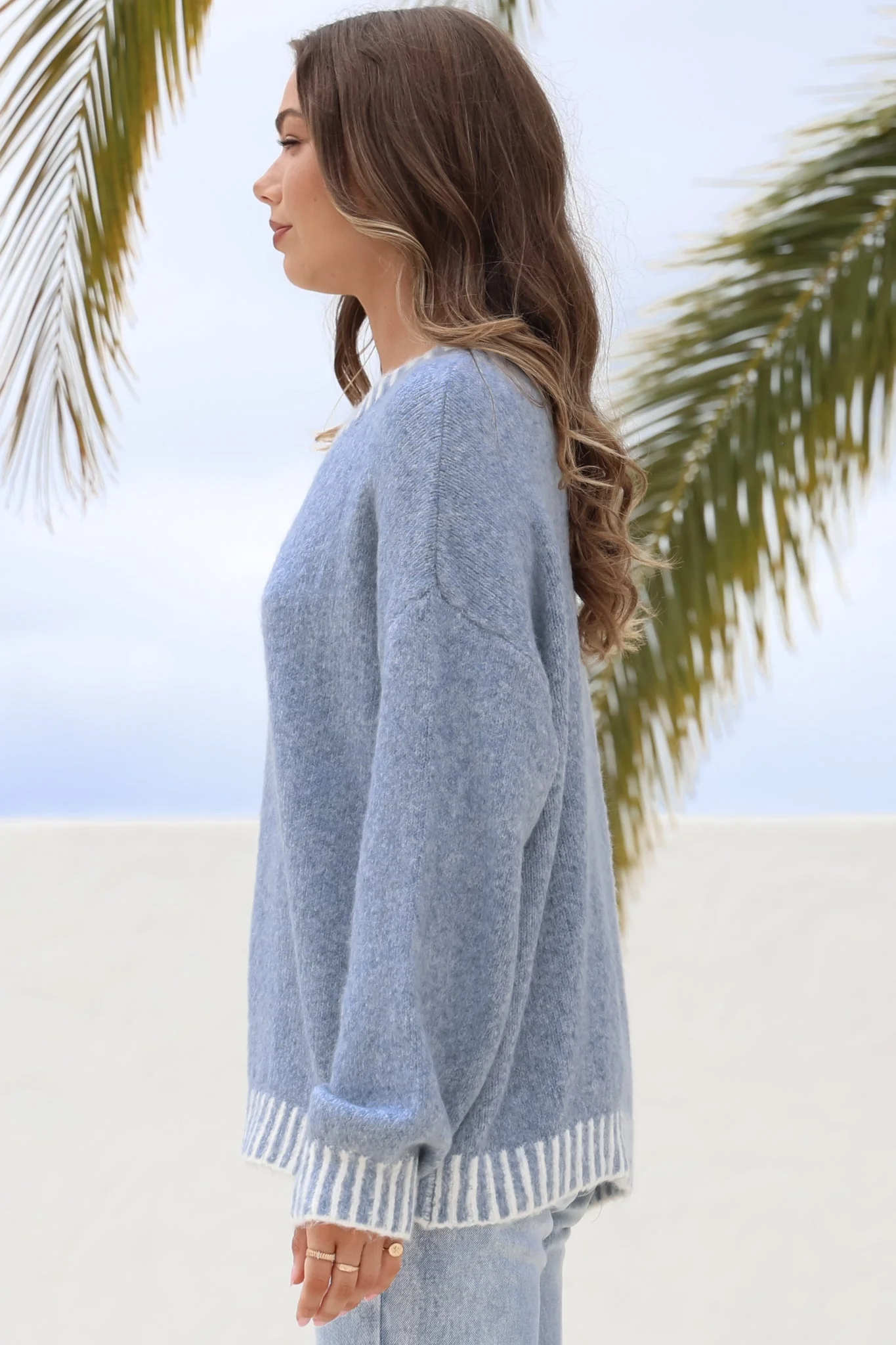 Aura Jumper - Crew Neck Jumper with Contrast Stripe Trim in Blue - Image 7