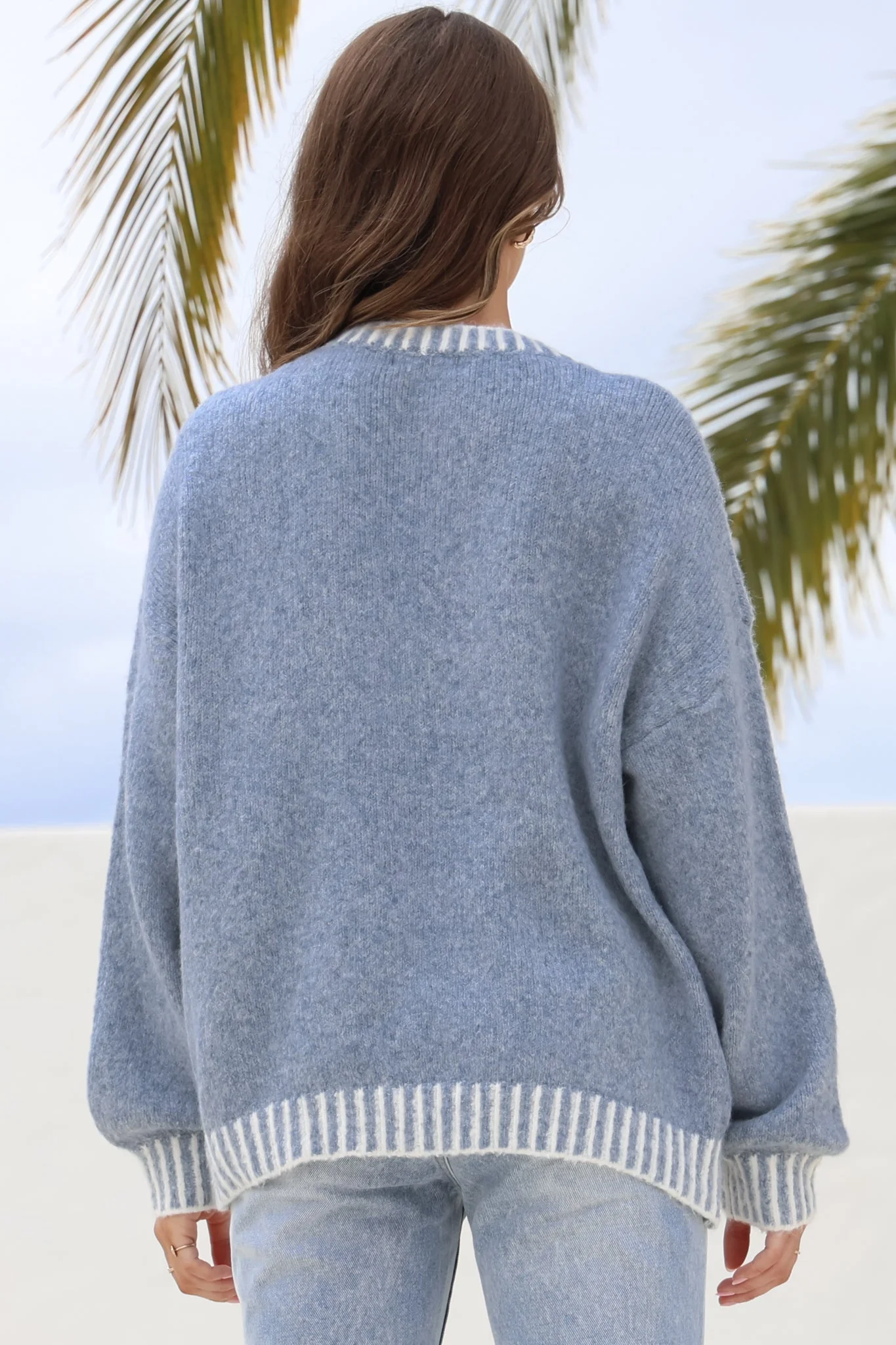Aura Jumper - Crew Neck Jumper with Contrast Stripe Trim in Blue - Image 8