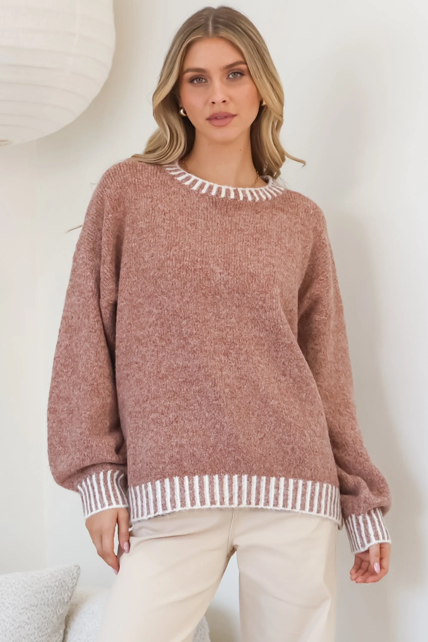 Aura Jumper - Crew Neck Jumper with Contrast Stripe Trim in Cinnamon - Image 2