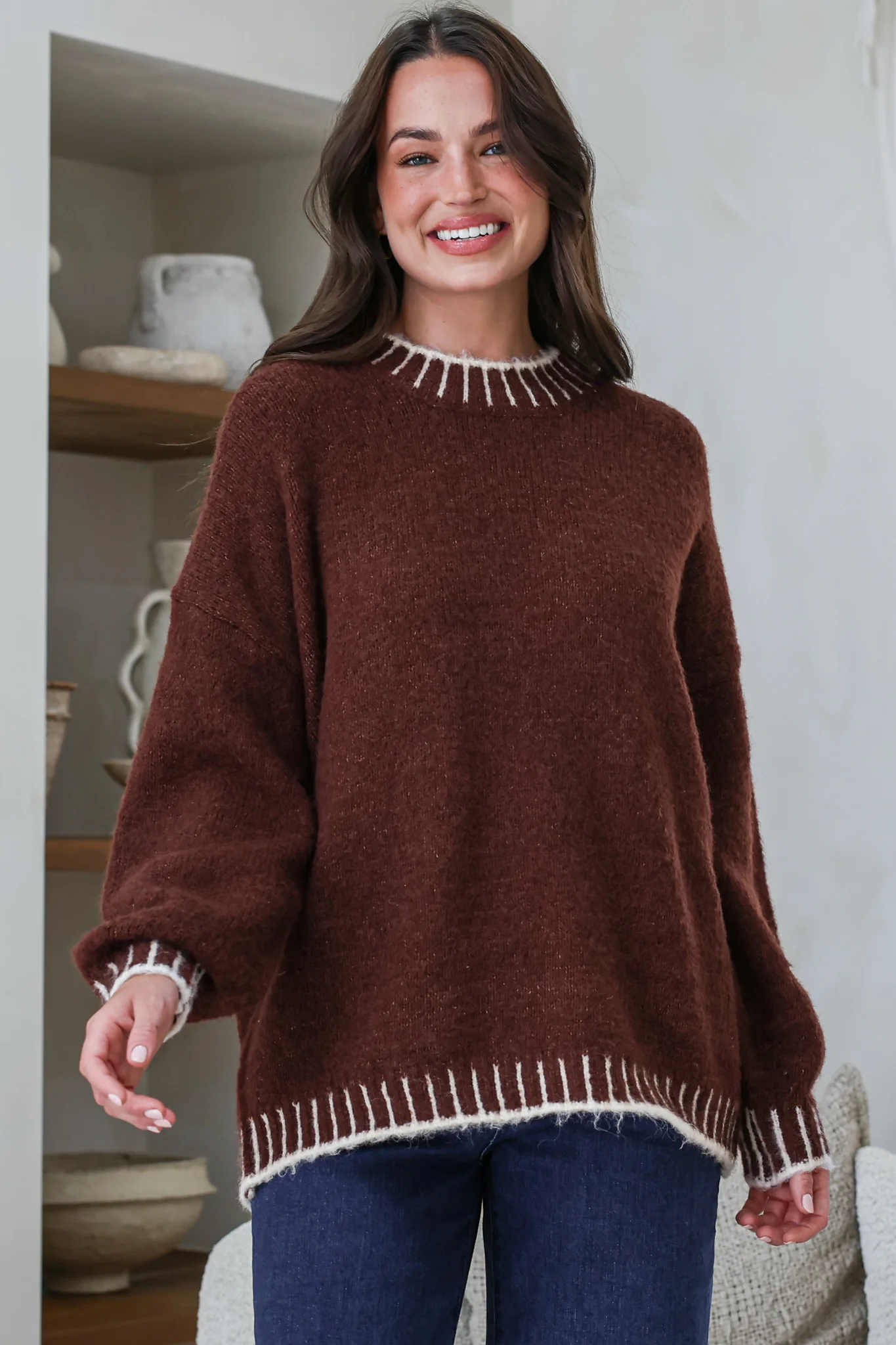 Aura Jumper - Crew Neck Jumper with Contrast Stripe Trim in Coffee