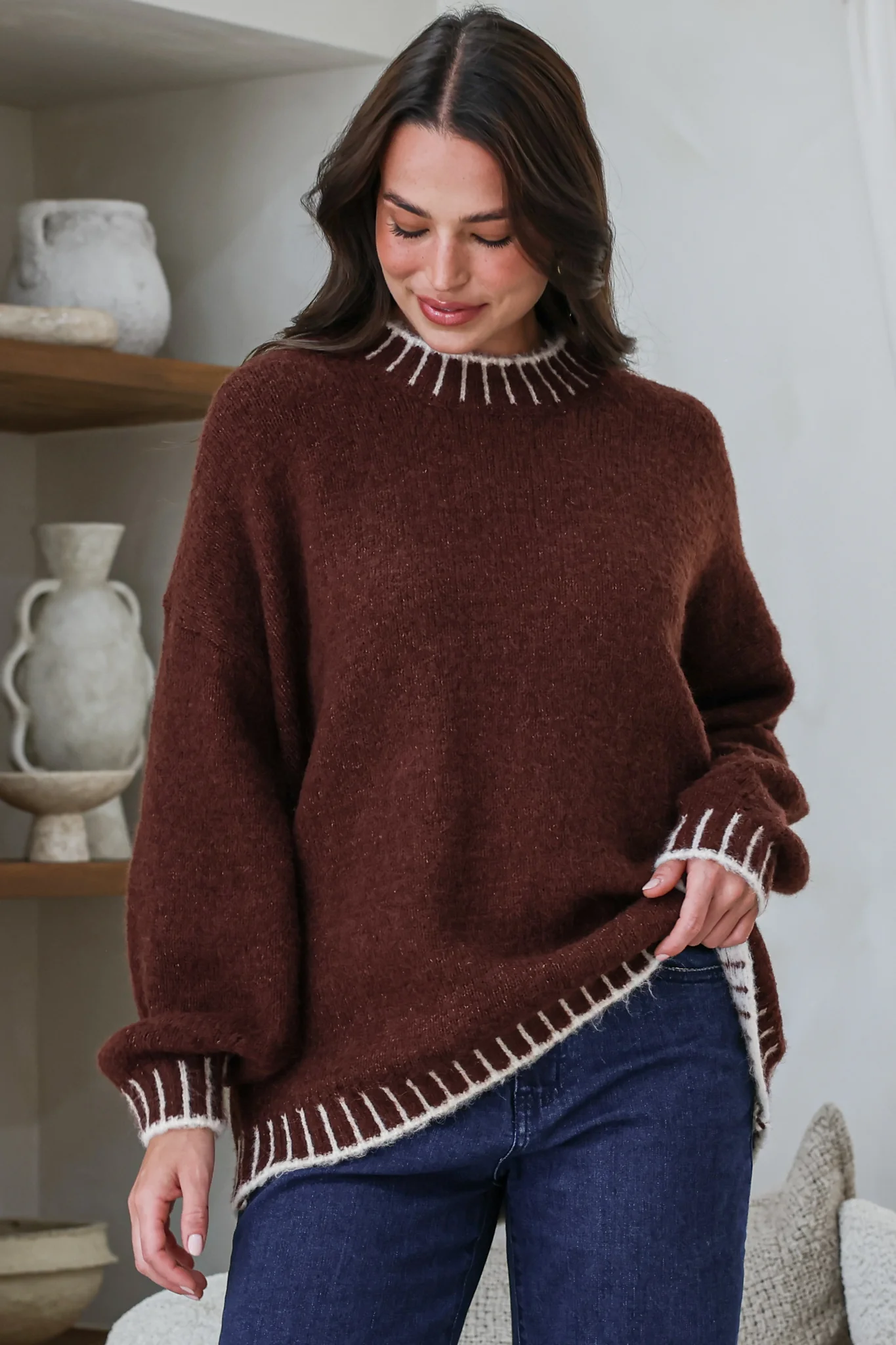 Aura Jumper - Crew Neck Jumper with Contrast Stripe Trim in Coffee - Image 2