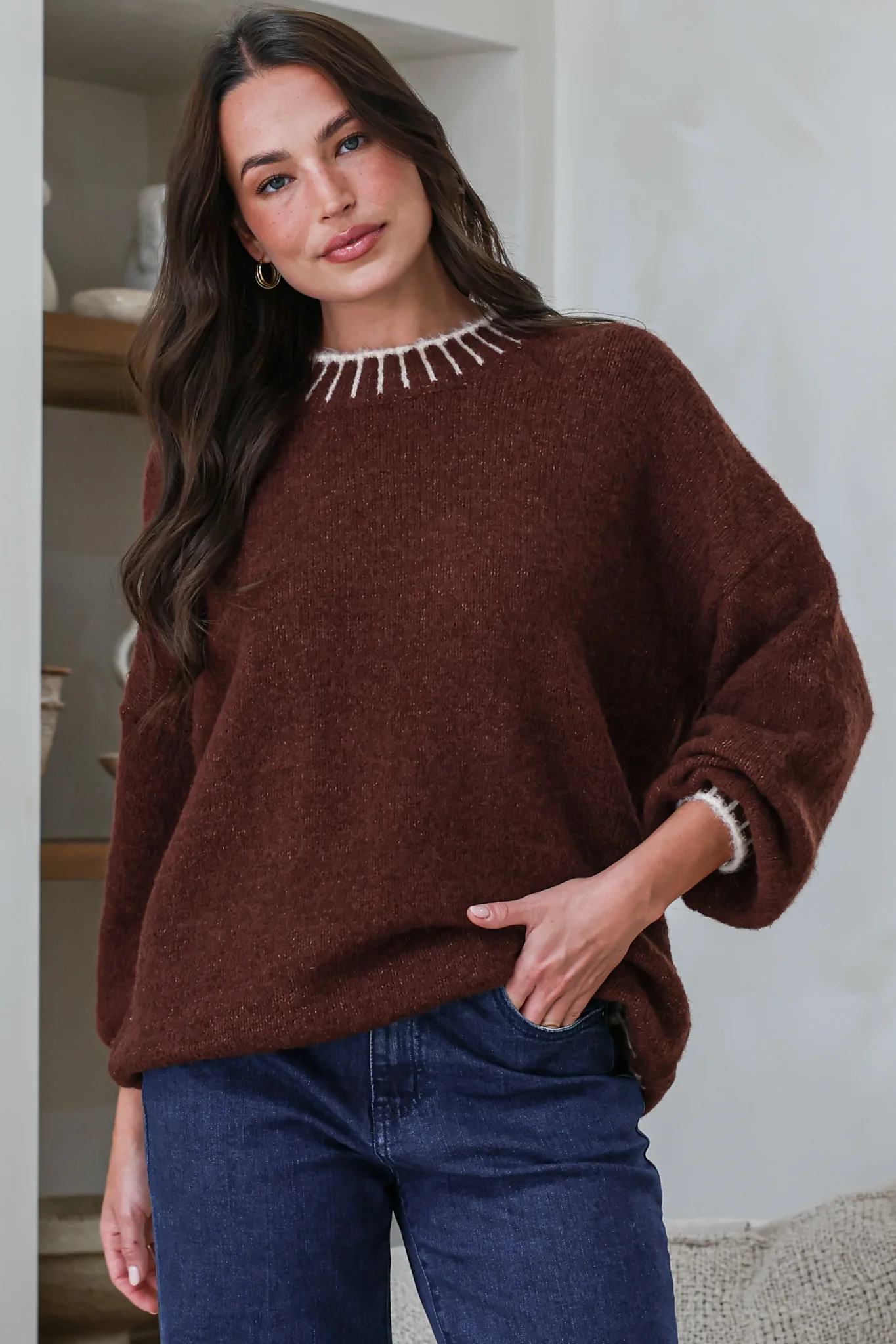 Aura Jumper - Crew Neck Jumper with Contrast Stripe Trim in Coffee - Image 3