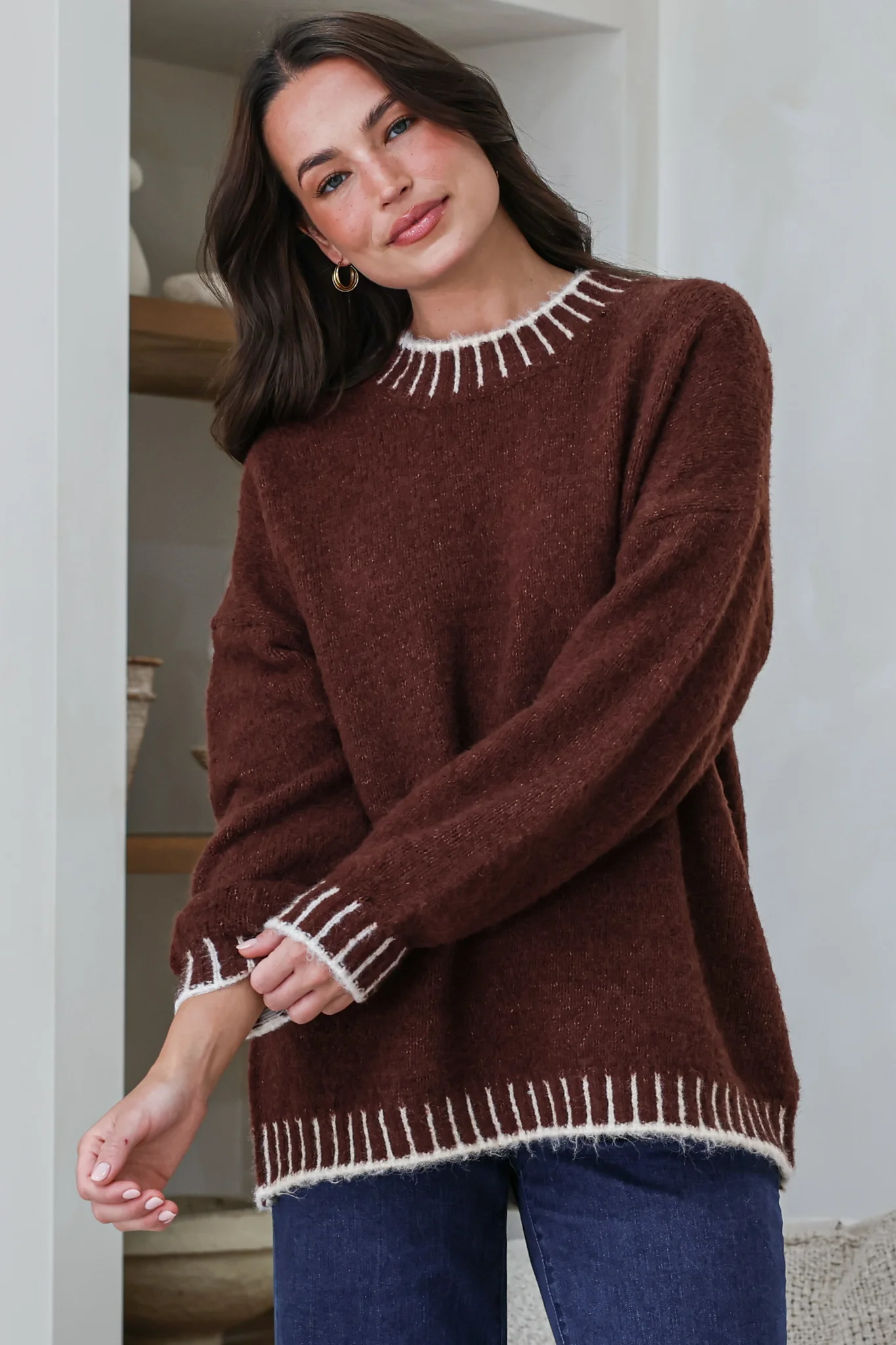 Aura Jumper - Crew Neck Jumper with Contrast Stripe Trim in Coffee - Image 4