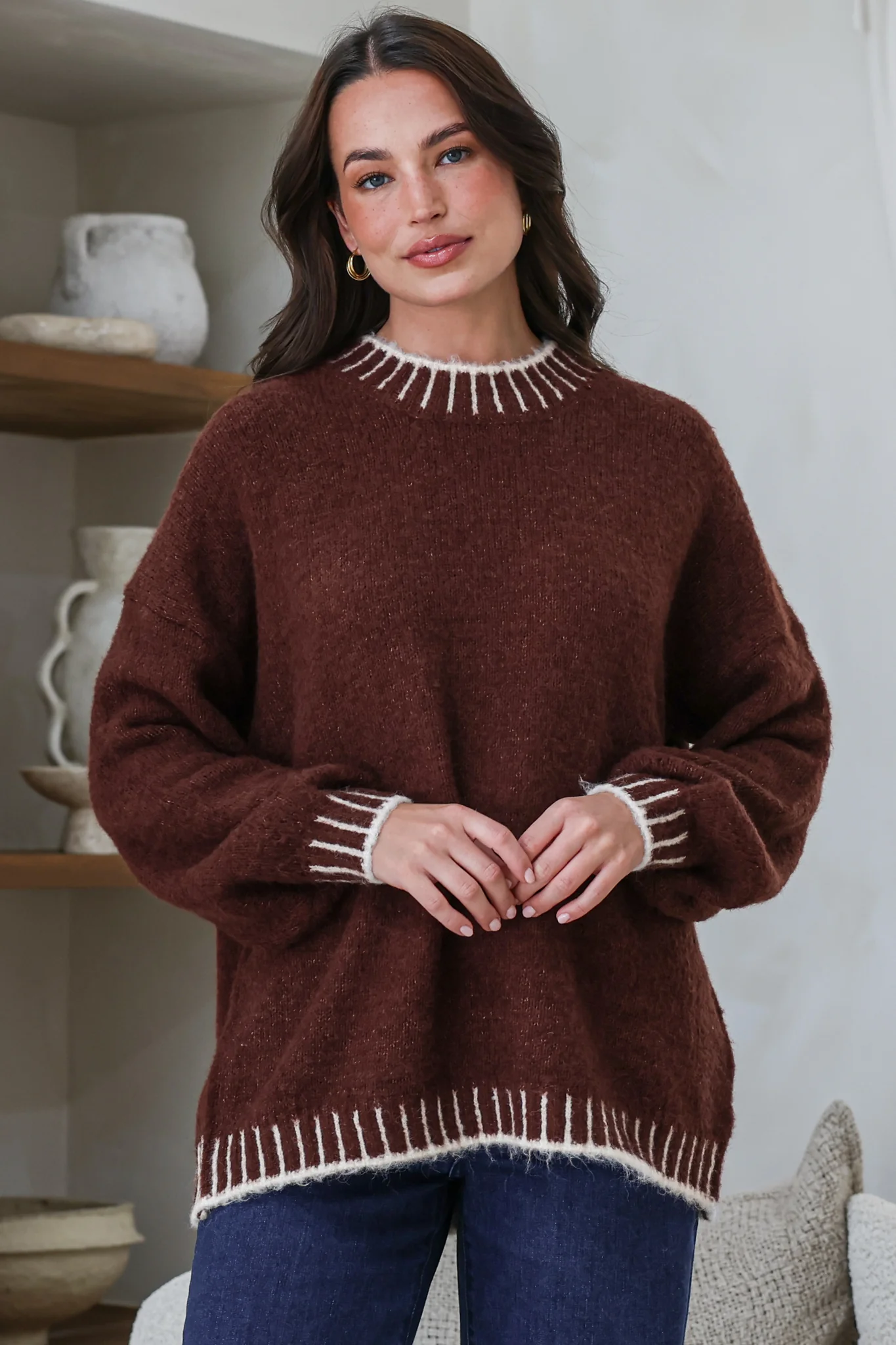Aura Jumper - Crew Neck Jumper with Contrast Stripe Trim in Coffee - Image 5