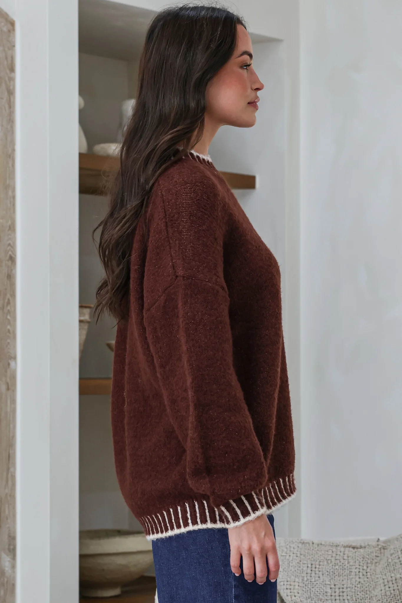 Aura Jumper - Crew Neck Jumper with Contrast Stripe Trim in Coffee - Image 6