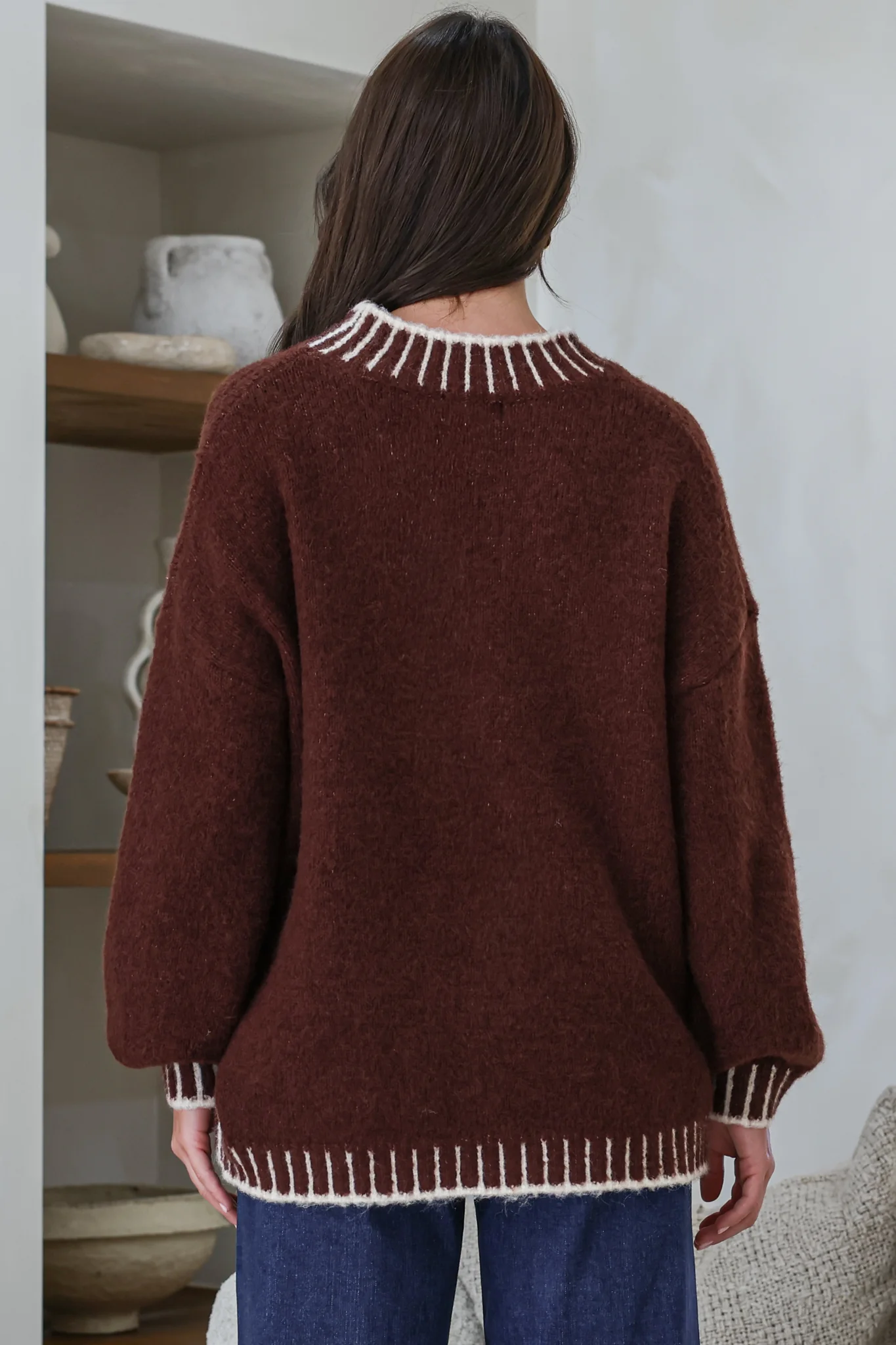 Aura Jumper - Crew Neck Jumper with Contrast Stripe Trim in Coffee - Image 7