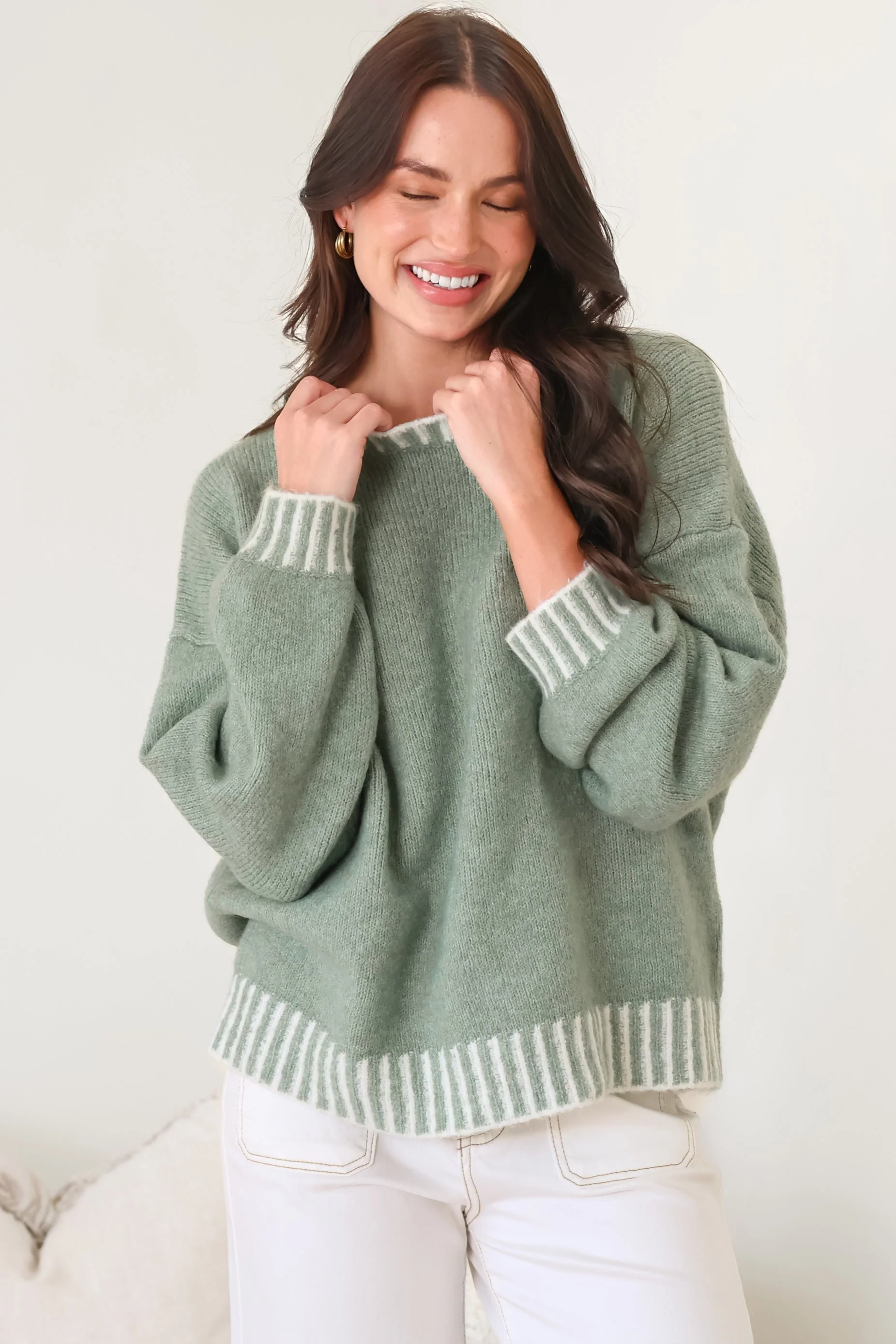 Aura Jumper - Crew Neck Jumper with Contrast Stripe Trim in Green - Image 3