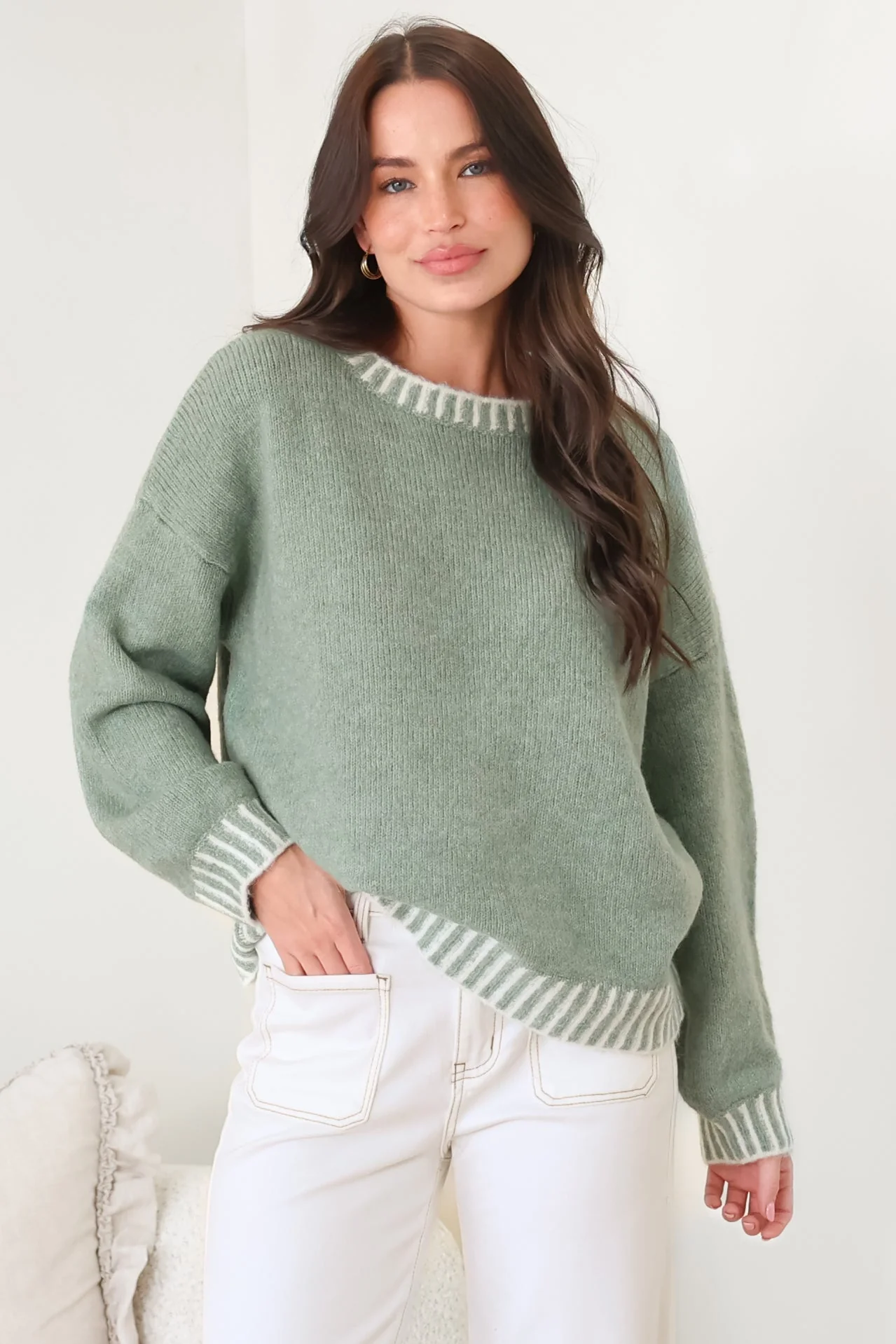 Aura Jumper - Crew Neck Jumper with Contrast Stripe Trim in Green - Image 7