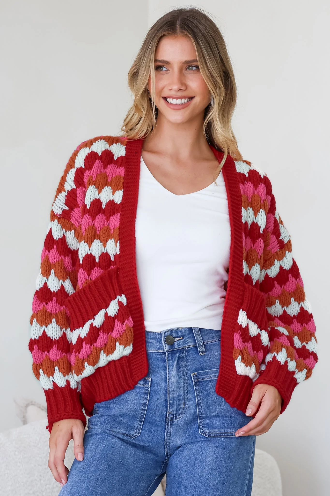 Avery Cardigan - Open Front Bubble Knit with Pockets in Red Multi - Image 2