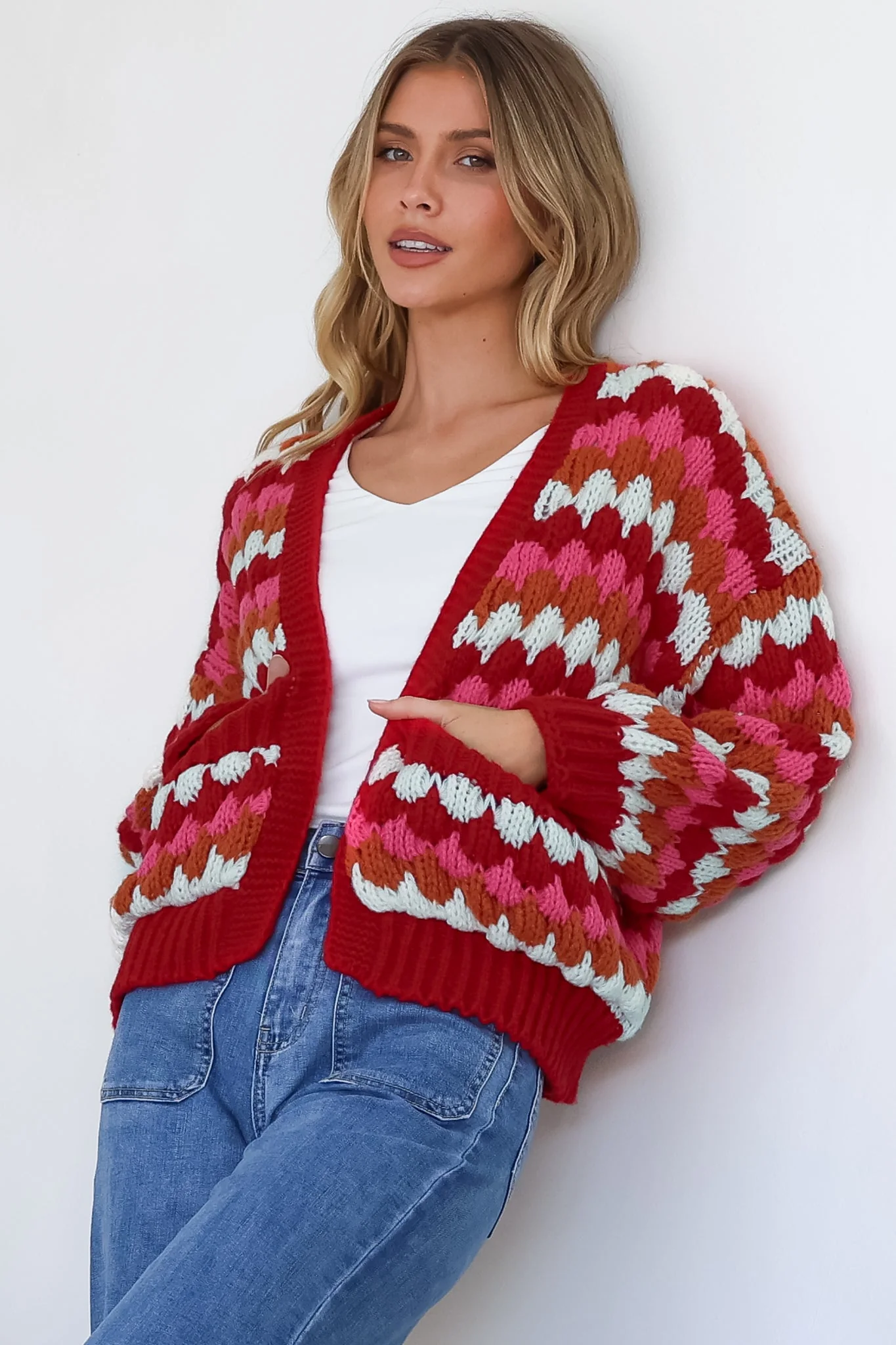 Avery Cardigan - Open Front Bubble Knit with Pockets in Red Multi - Image 3