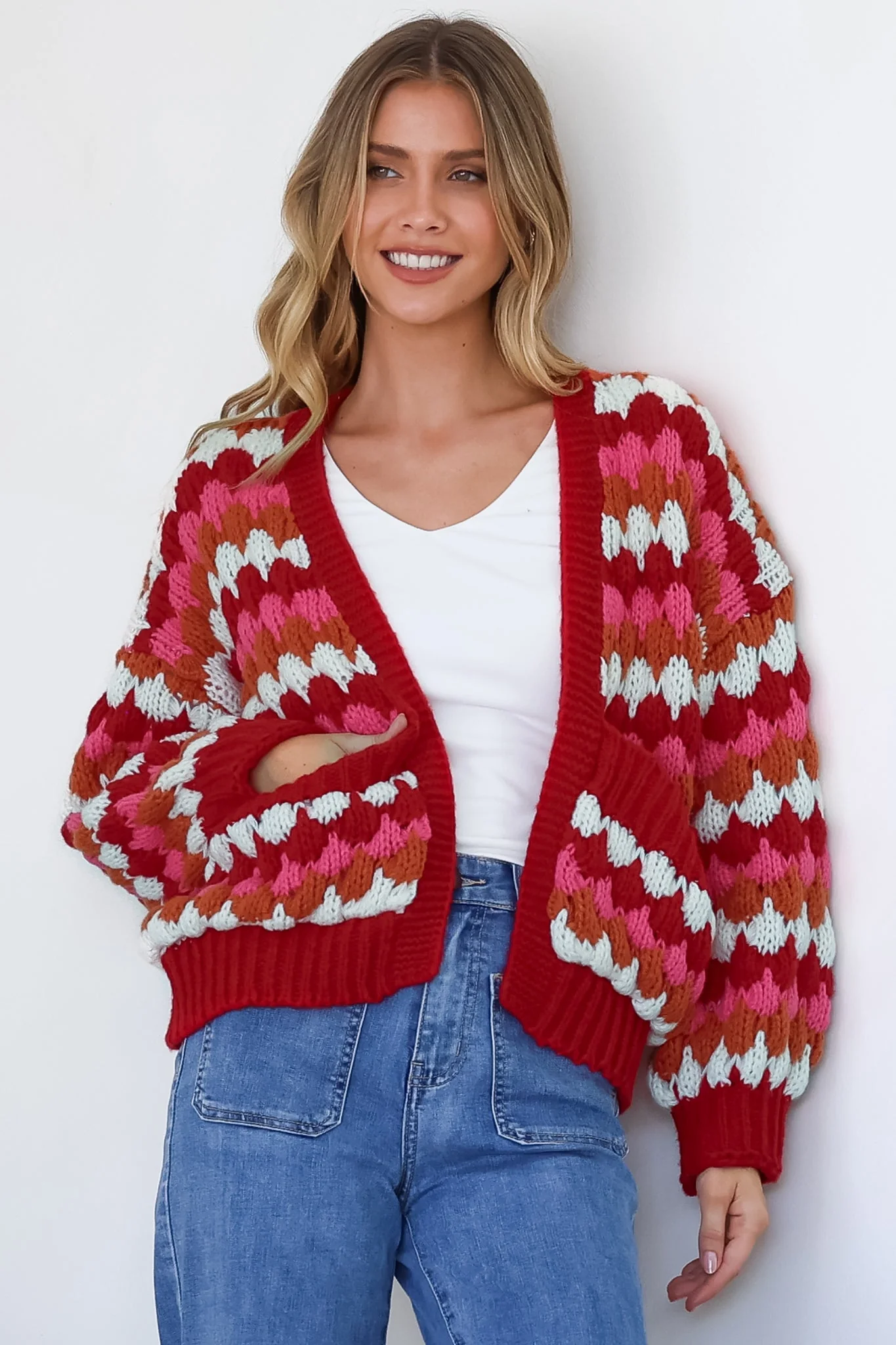Avery Cardigan - Open Front Bubble Knit with Pockets in Red Multi - Image 5