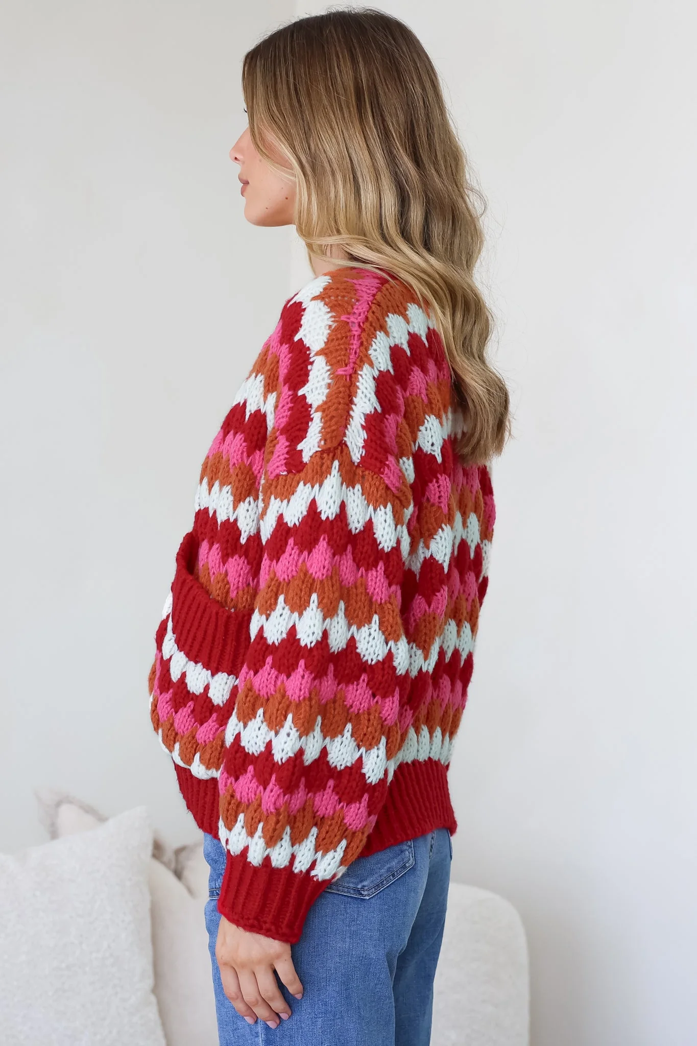 Avery Cardigan - Open Front Bubble Knit with Pockets in Red Multi - Image 7