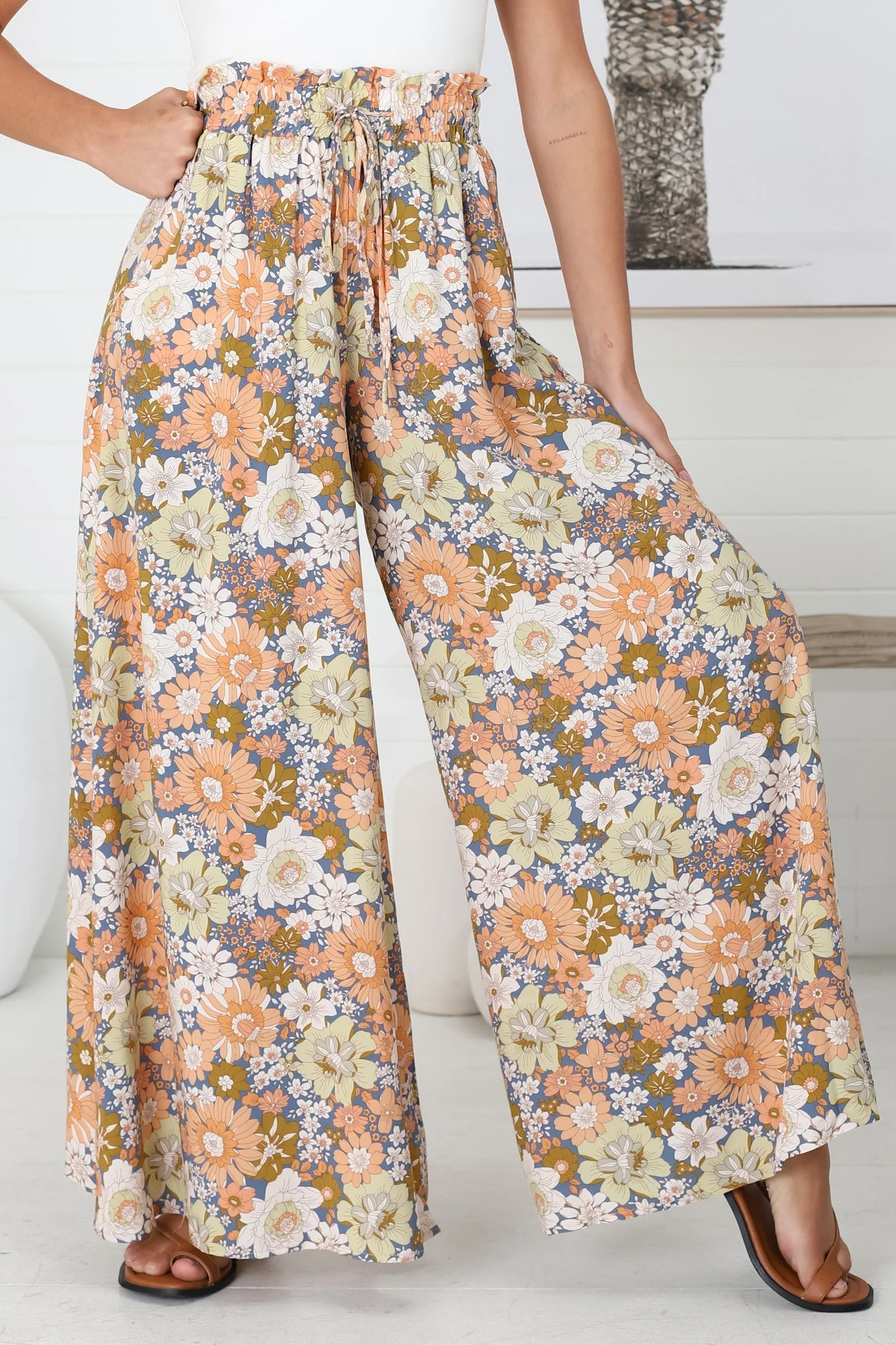 Avianna Pants - Paper Bag High Waisted Wide Leg Pants in Floral Print - Image 3
