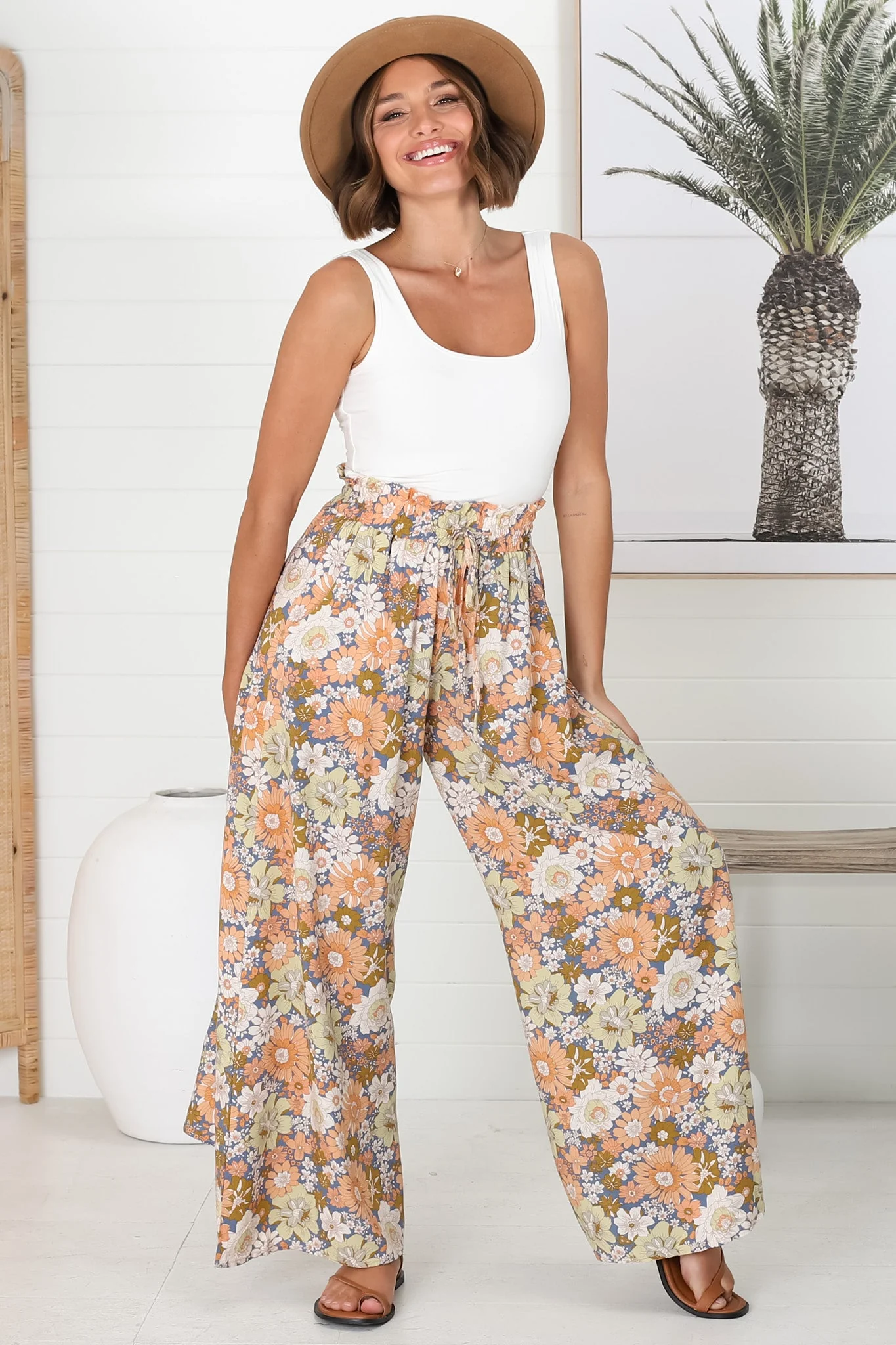 Avianna Pants - Paper Bag High Waisted Wide Leg Pants in Floral Print - Image 5