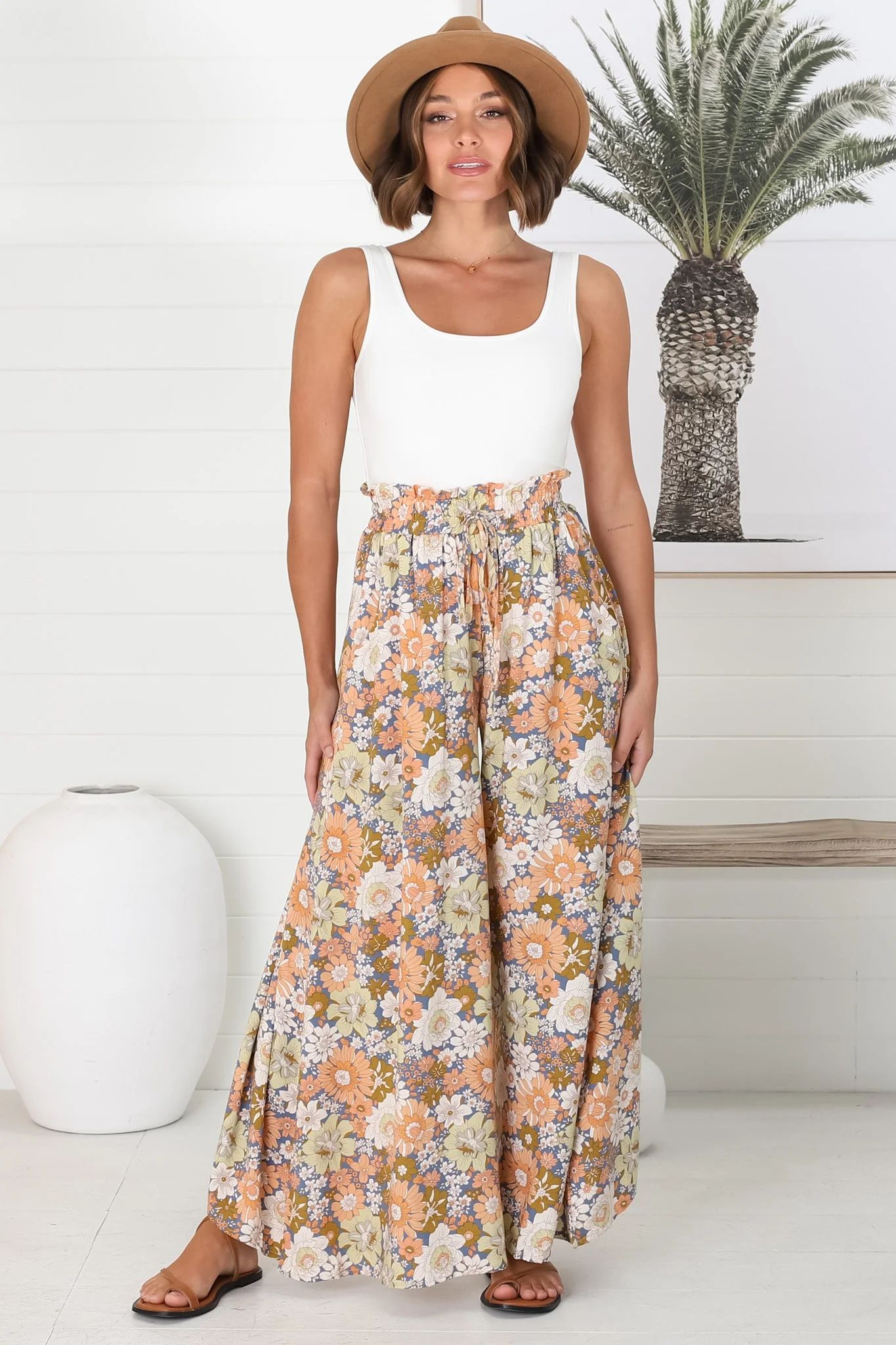 Avianna Pants - Paper Bag High Waisted Wide Leg Pants in Floral Print - Image 7