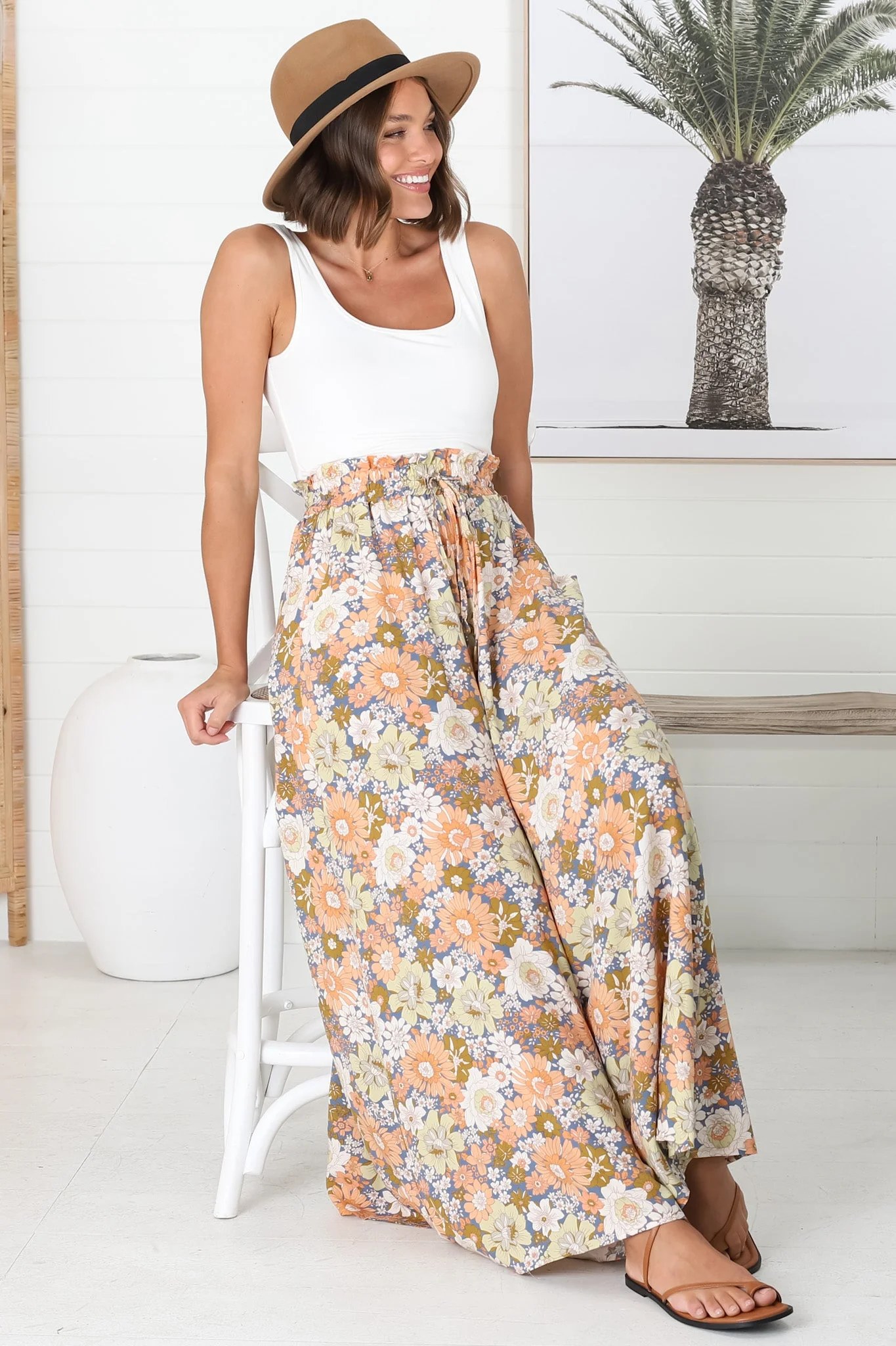 Avianna Pants - Paper Bag High Waisted Wide Leg Pants in Floral Print - Image 8