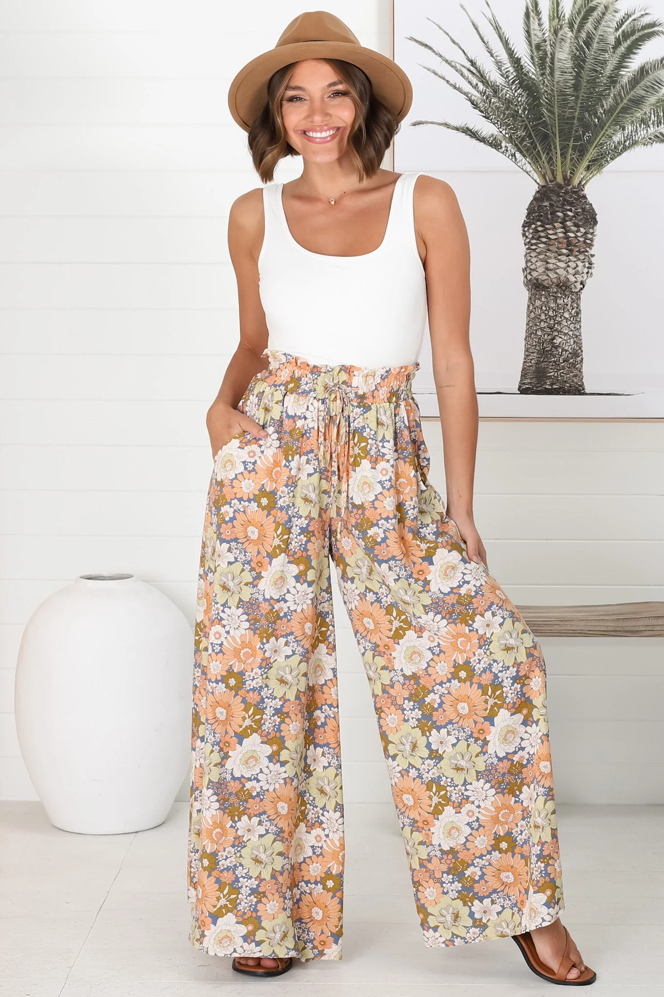 Avianna Pants - Paper Bag High Waisted Wide Leg Pants in Floral Print - Image 9