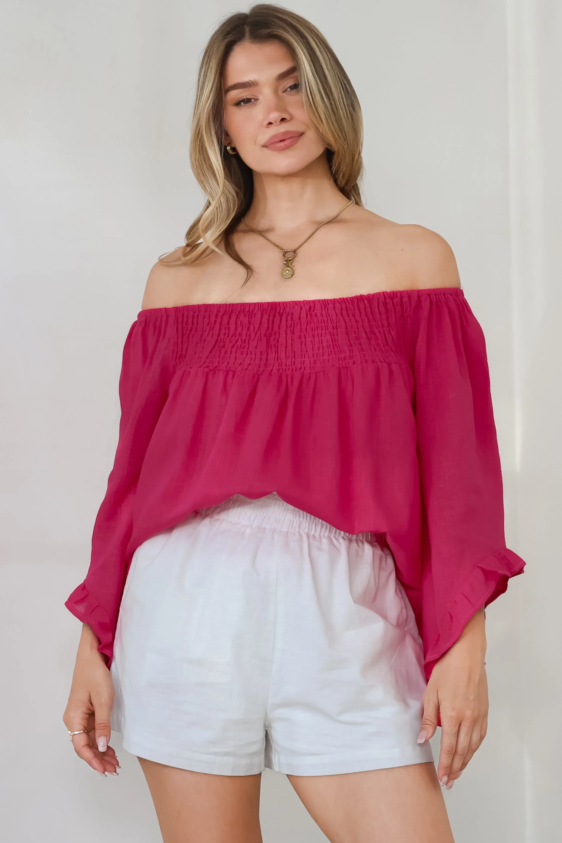 Aviva Top - Off Shoulder Handkerchief Sleeve Pull Over in Hot Pink - Image 2