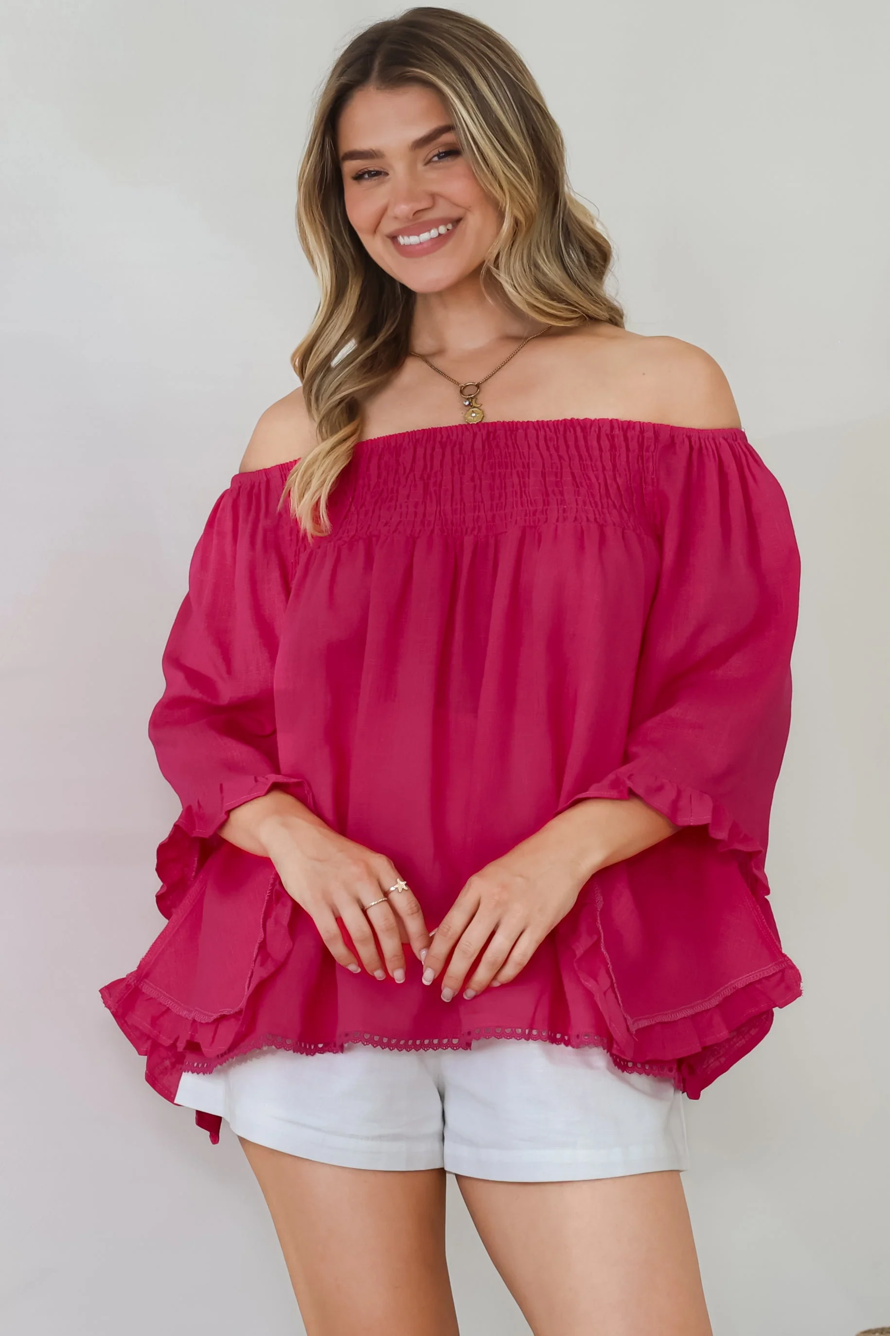 Aviva Top - Off Shoulder Handkerchief Sleeve Pull Over in Hot Pink - Image 3